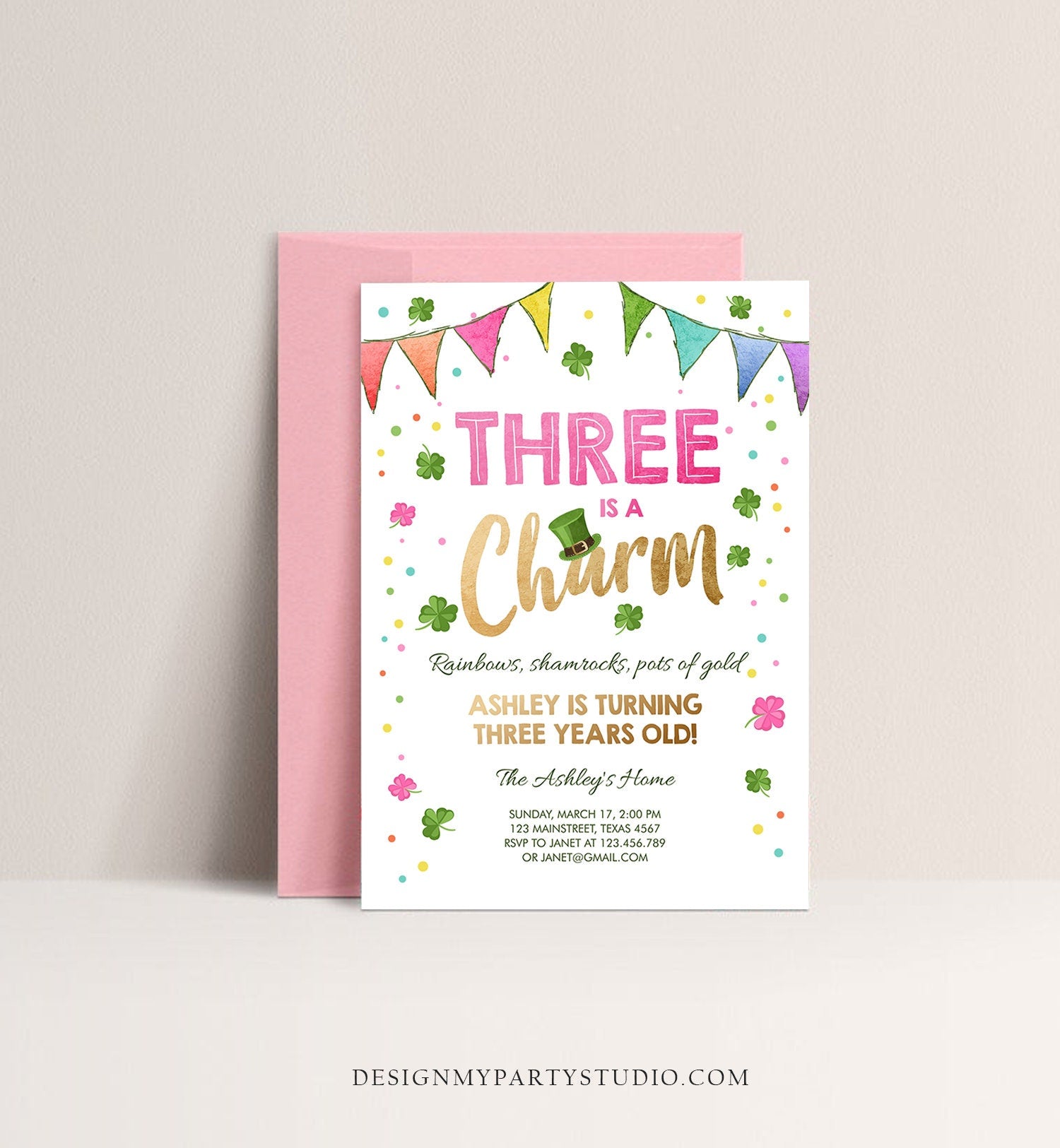 Editable St. Patrick's Day Birthday Invitation Shamrock Clover St Patricks Day 3rd Birthday Three Girl Printable Invite Template Corjl 0115