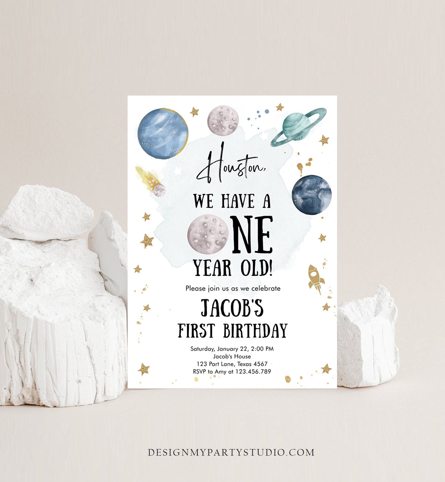 Editable Outer Space First Birthday Invitation Galaxy Houston First Trip Around the Sun One Digital Download Evite Template Printable 0357