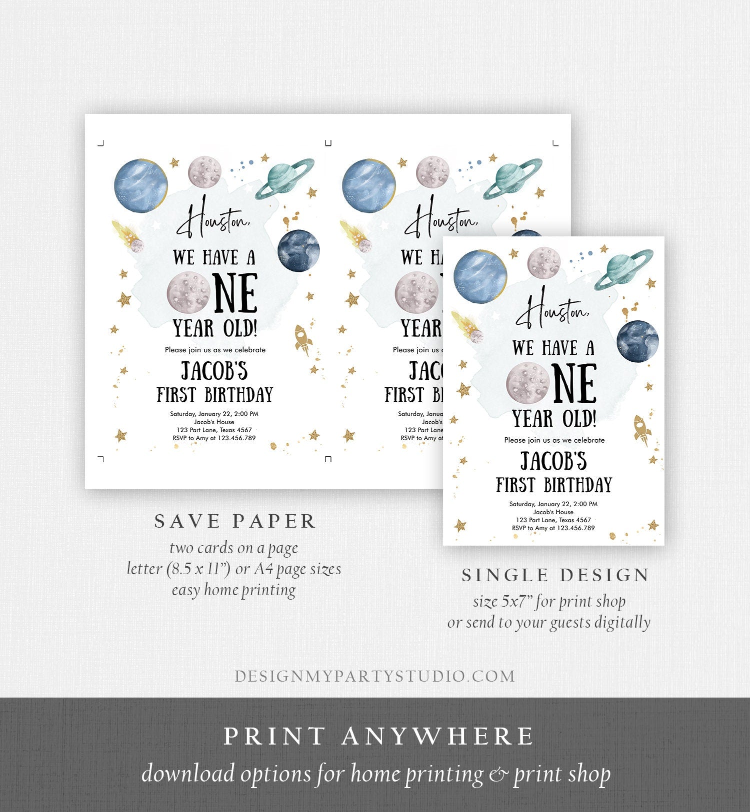 Editable Outer Space First Birthday Invitation Galaxy Houston First Trip Around the Sun One Digital Download Evite Template Printable 0357