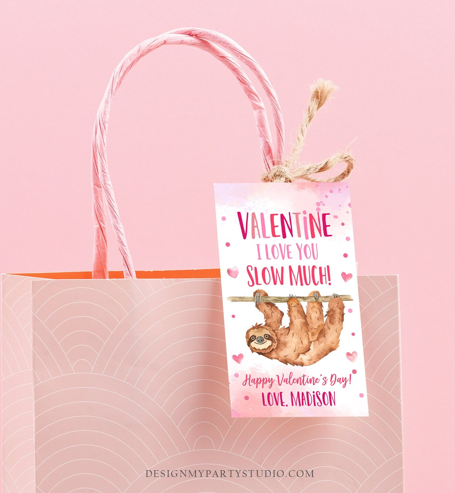 Editable Valentine Sloth Favor Tag Thank You I Love You Slow Much Hanging Out Valentine's Day School Digital Corjl Template Printable 0370