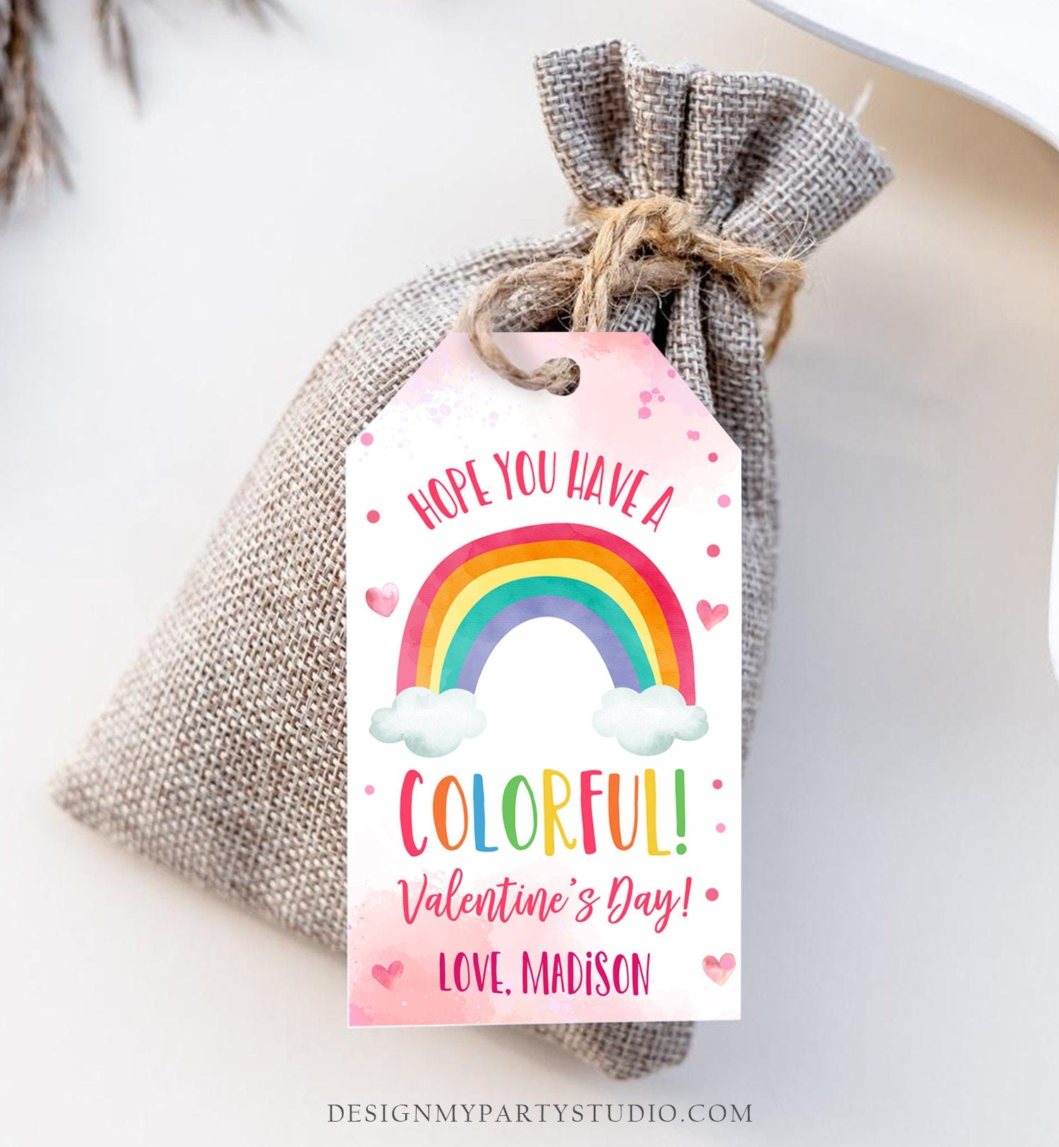 Editable Valentine Rainbow Favor Tag Thank You Over The Rainbow Colorful Valentine's Day School Digital Download Template Printable 0370
