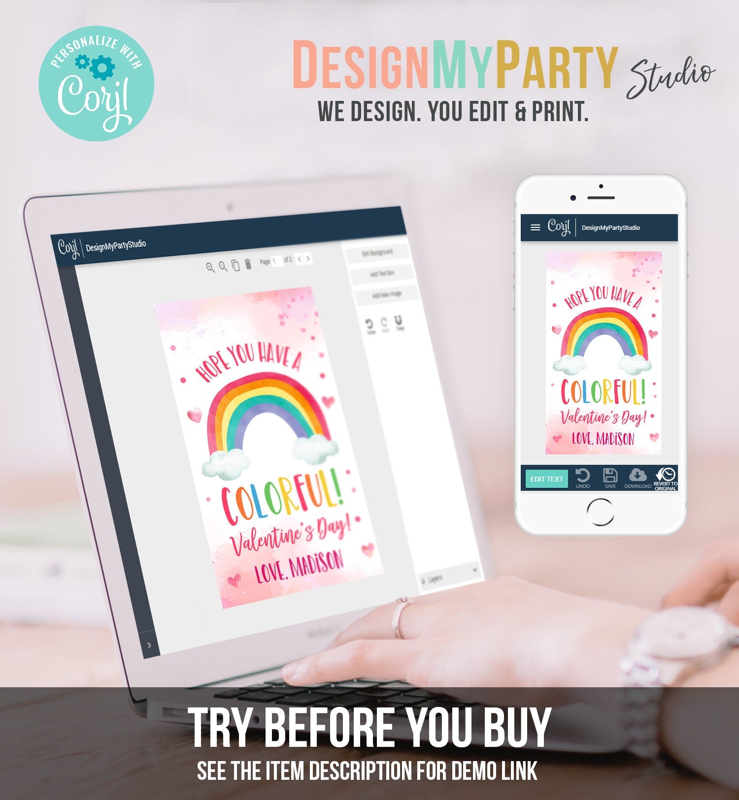 Editable Valentine Rainbow Favor Tag Thank You Over The Rainbow Colorful Valentine's Day School Digital Download Template Printable 0370