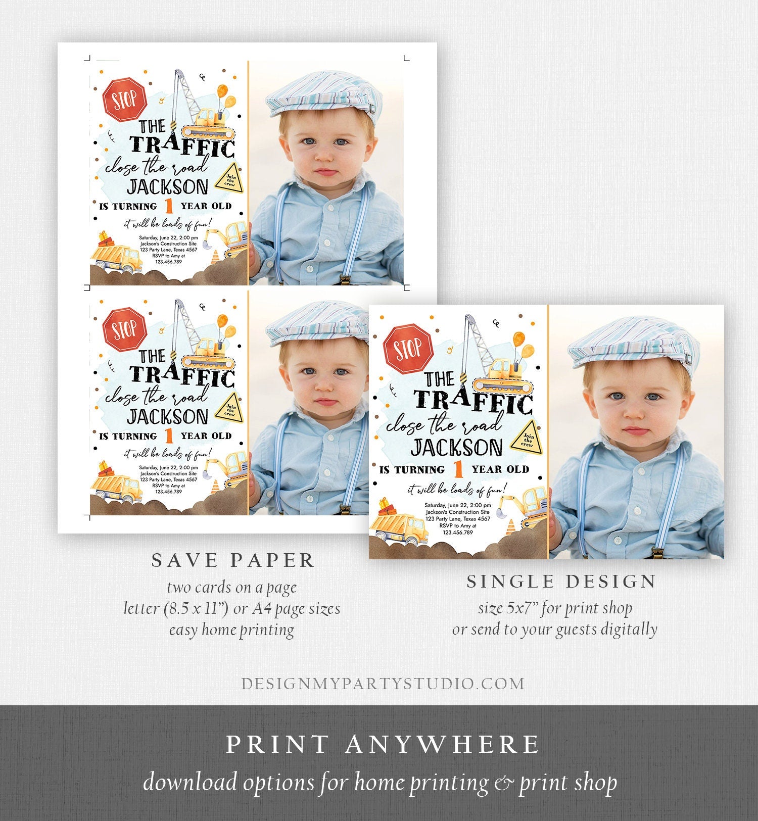 Editable Construction Birthday Invitation Yellow Dump Truck Excavator Caution Party Boy Digital Download Evite Template Printable 0374