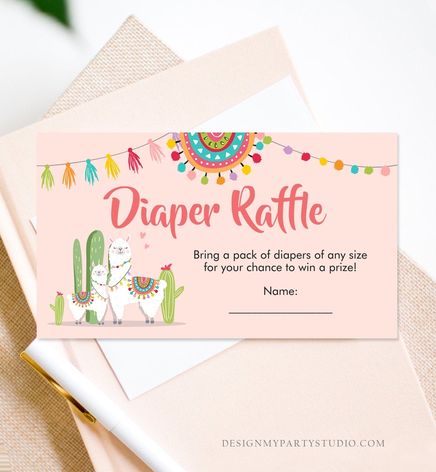 Editable Llama Diaper Raffle Card Fiesta Baby Shower Pink Girl Insert Card Diaper Ticket Game Succulent Mexican Digital Printable 0079