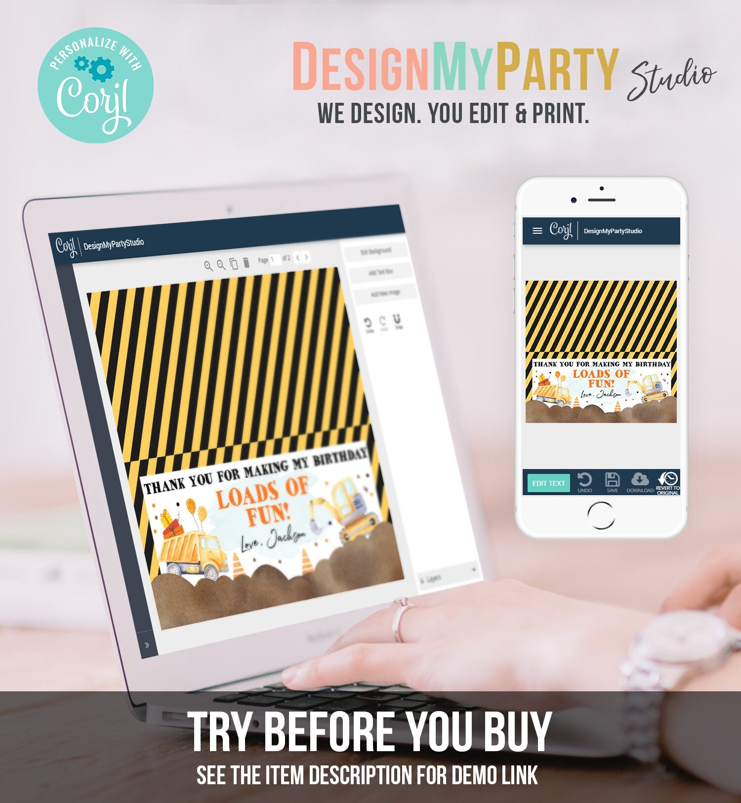 Editable Construction Party Treat Bag Topper Construction Birthday Favors Dump Truck Favor Bag Boy Download Printable Corjl Template 0374