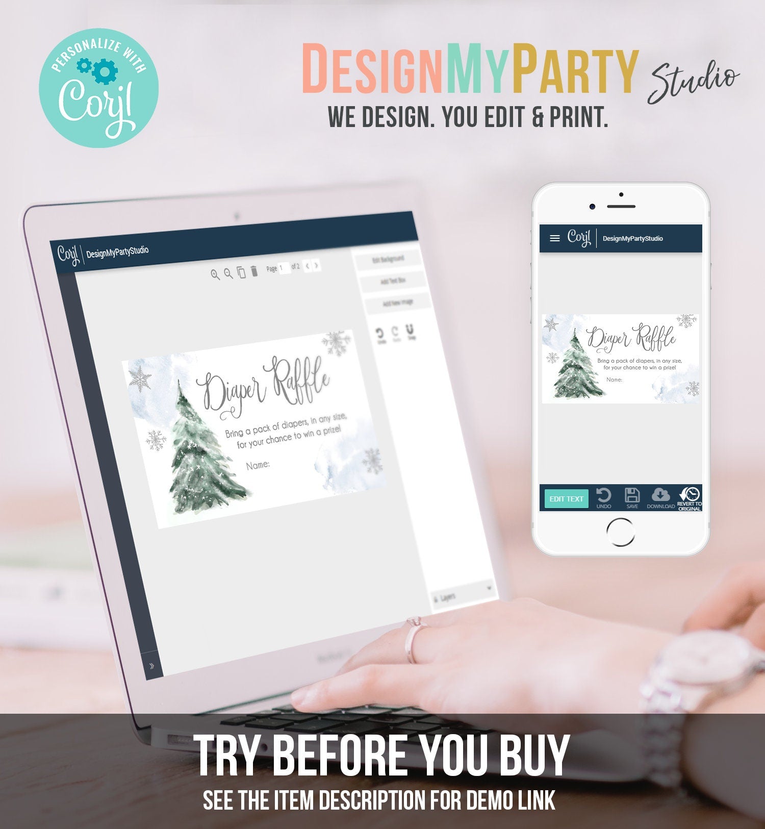 Editable Winter Tree Diaper Raffle Tickets Baby Shower Grey Blue Boy Watercolor Christmas Game Sprinkle Corjl Template Printable 0363