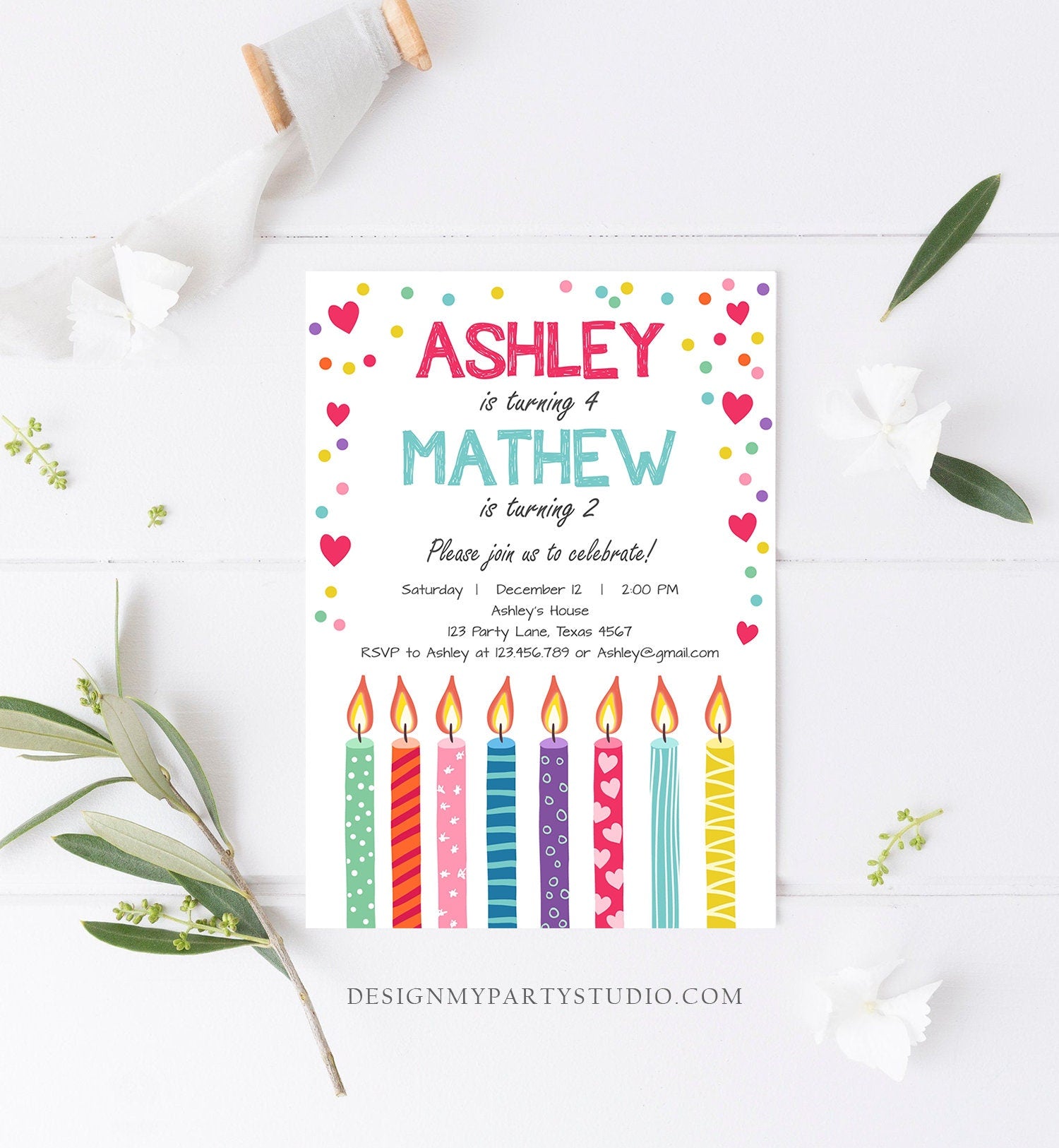 Editable Valentine Twin Birthday Invitation Twins Joint Confetti Hearts Siblings Party Boy Girl Digital Corjl Template Printable 0277