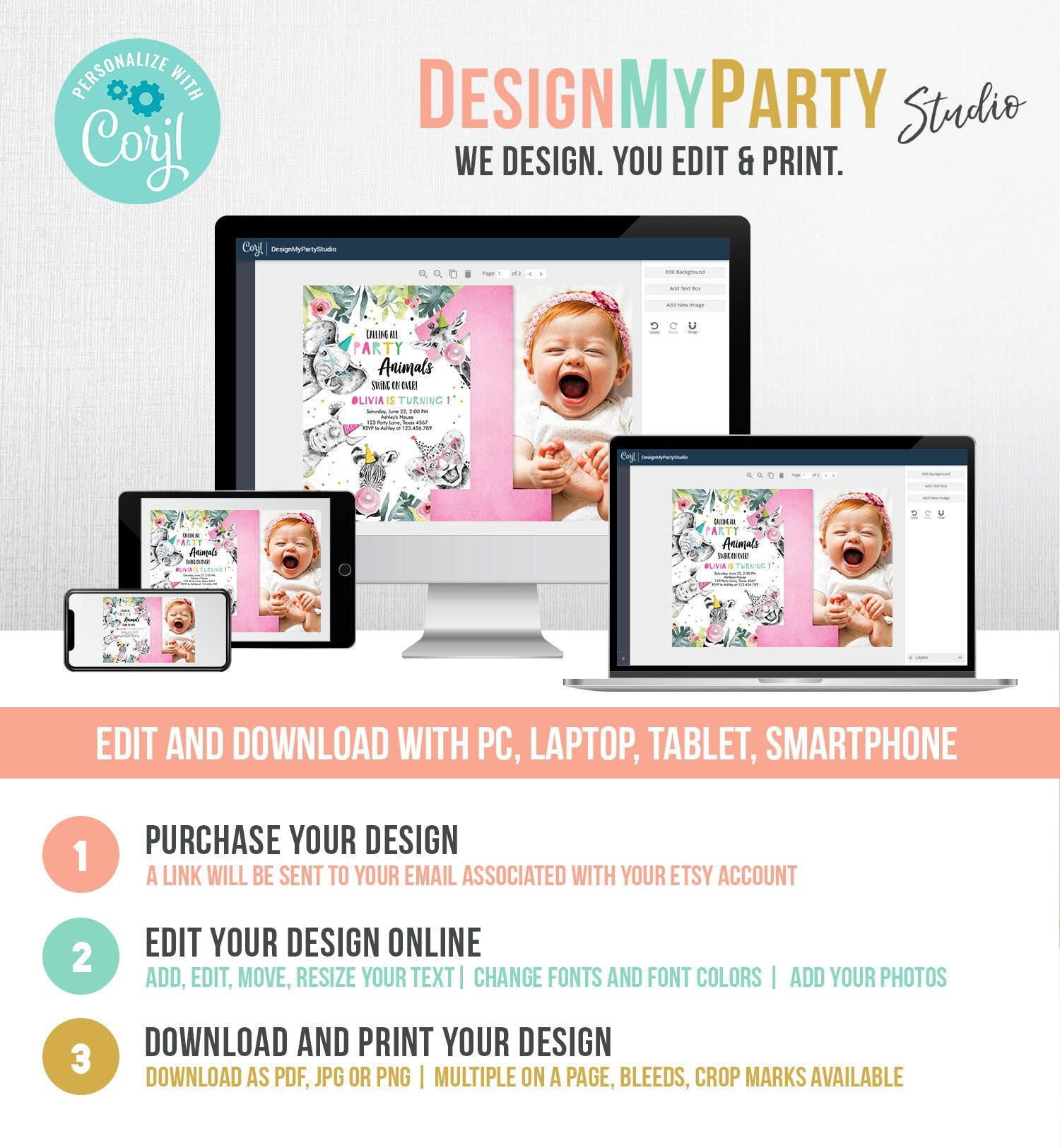 Editable Party Animals Birthday Invitation Wild One Animals Wild Safari Animals Girl Digital Download Evite Template Printable 0322