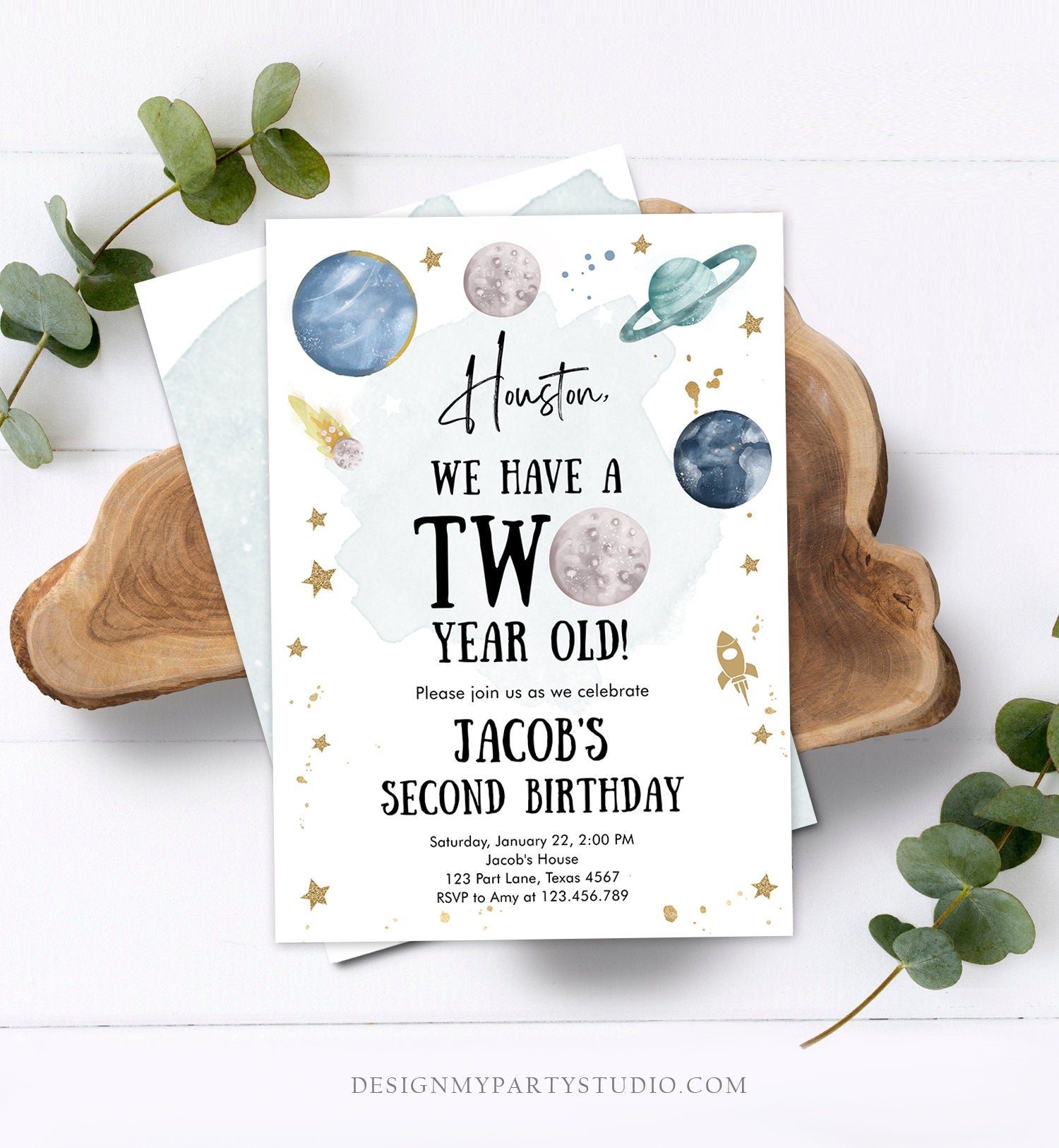 Editable Outer Space 2nd Birthday Invitation Galaxy Houston Two Year Old Second Birthday Boy Download Printable Template Digital Corjl 0357