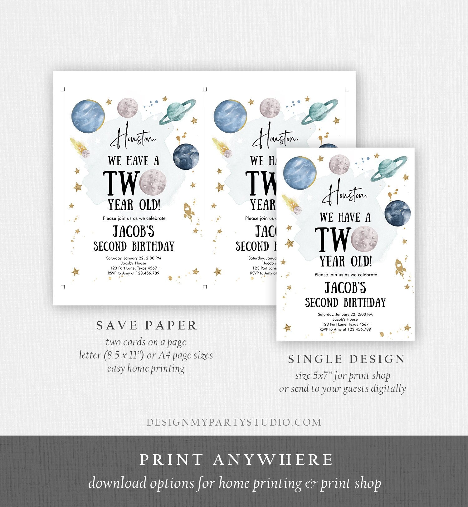 Editable Outer Space 2nd Birthday Invitation Galaxy Houston Two Year Old Second Birthday Boy Download Printable Template Digital Corjl 0357