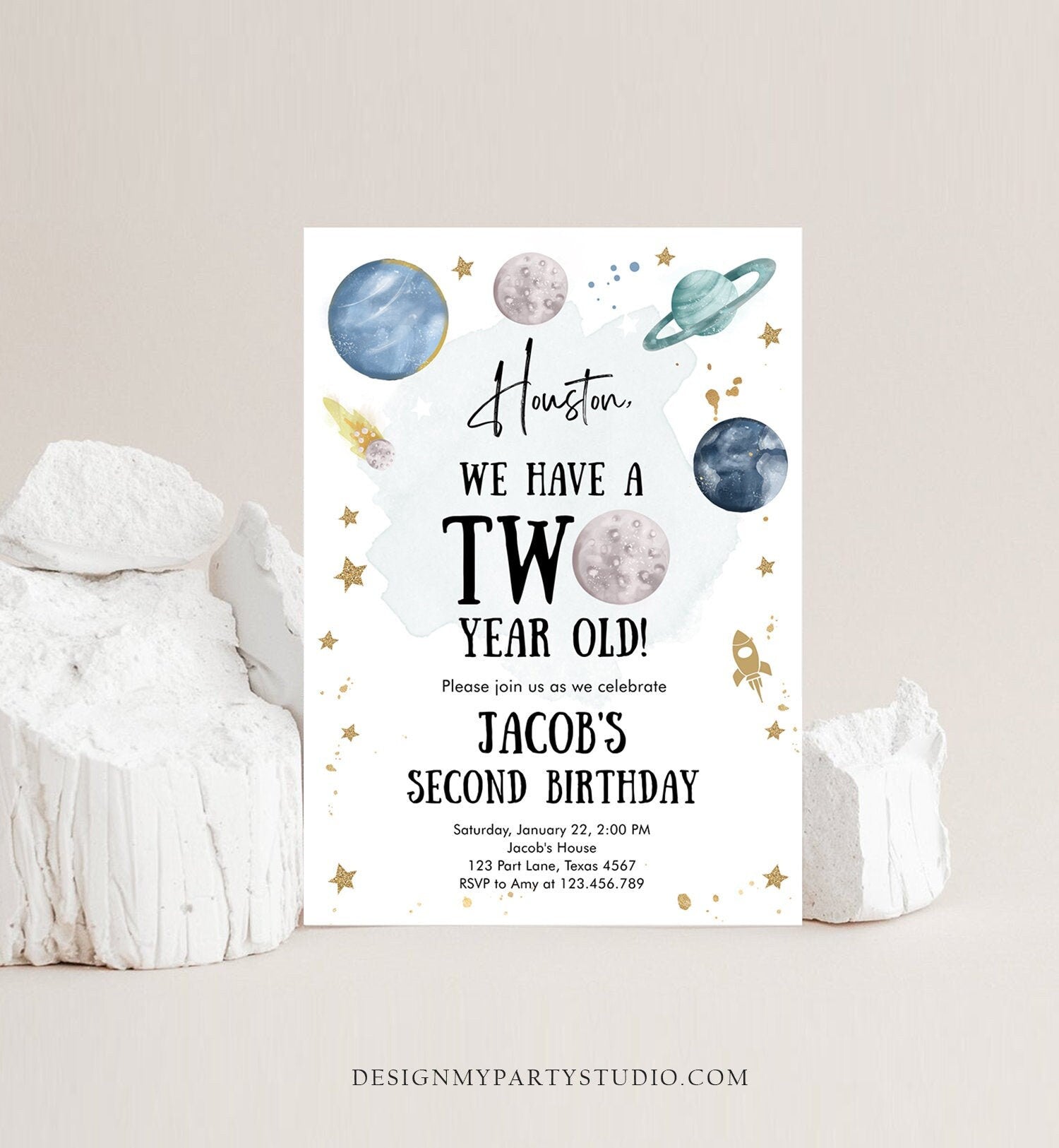 Editable Outer Space 2nd Birthday Invitation Galaxy Houston Two Year Old Second Birthday Boy Download Printable Template Digital Corjl 0357