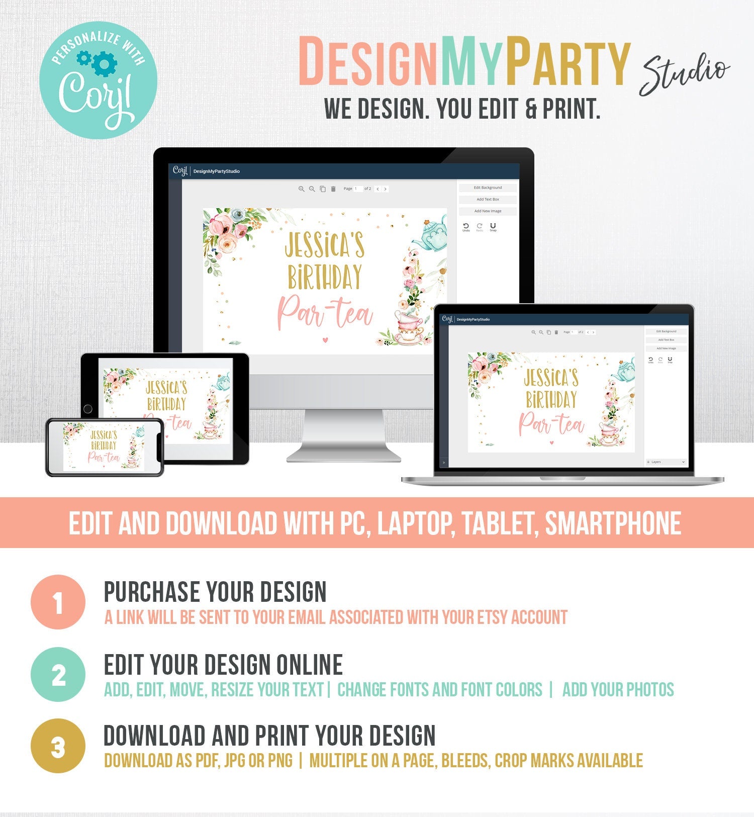 Editable Tea Birthday Backdrop Tea for Two Birthday Girl Pink Gold Floral Tea Party Par-tea Whimsical Tea Digital Template Printable 0349