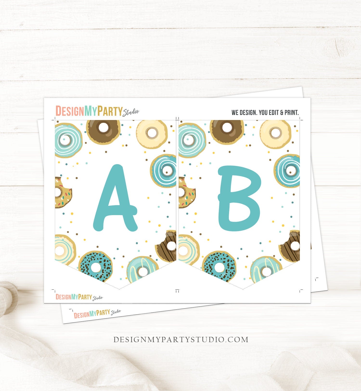Donut Birthday Banner A-Z Alphabet Numbers Banner Boy Blue Doughnut Party Happy Birthday Decoration Digital Download Printable 0050