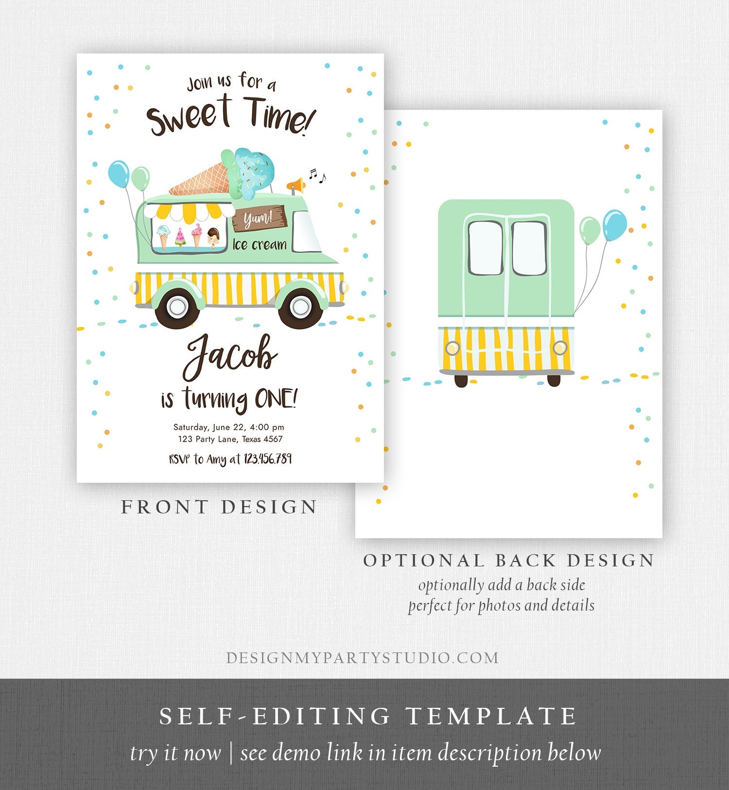 Editable Ice Cream Truck Birthday Invitation Ice Cream Birthday Party Cone Boy Girl Mint Yellow Summer Twin Digital Template Printable 0243