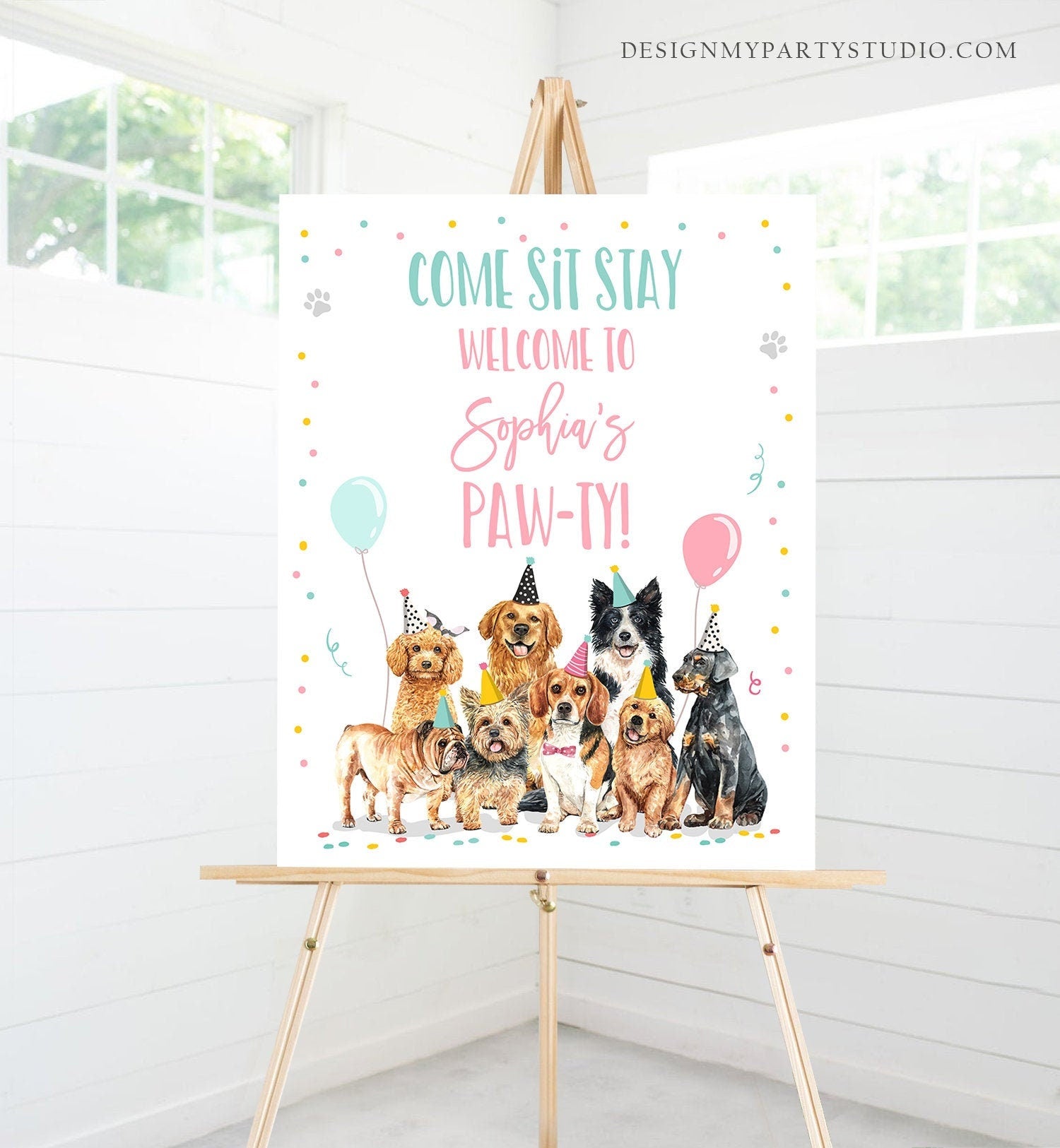 Editable Puppy Dog Birthday Party Welcome Sign Puppy Birthday Pink Pet Dog Birthday Come Sit Stay Paw-ty Girl Template Corjl PRINTABLE 0384