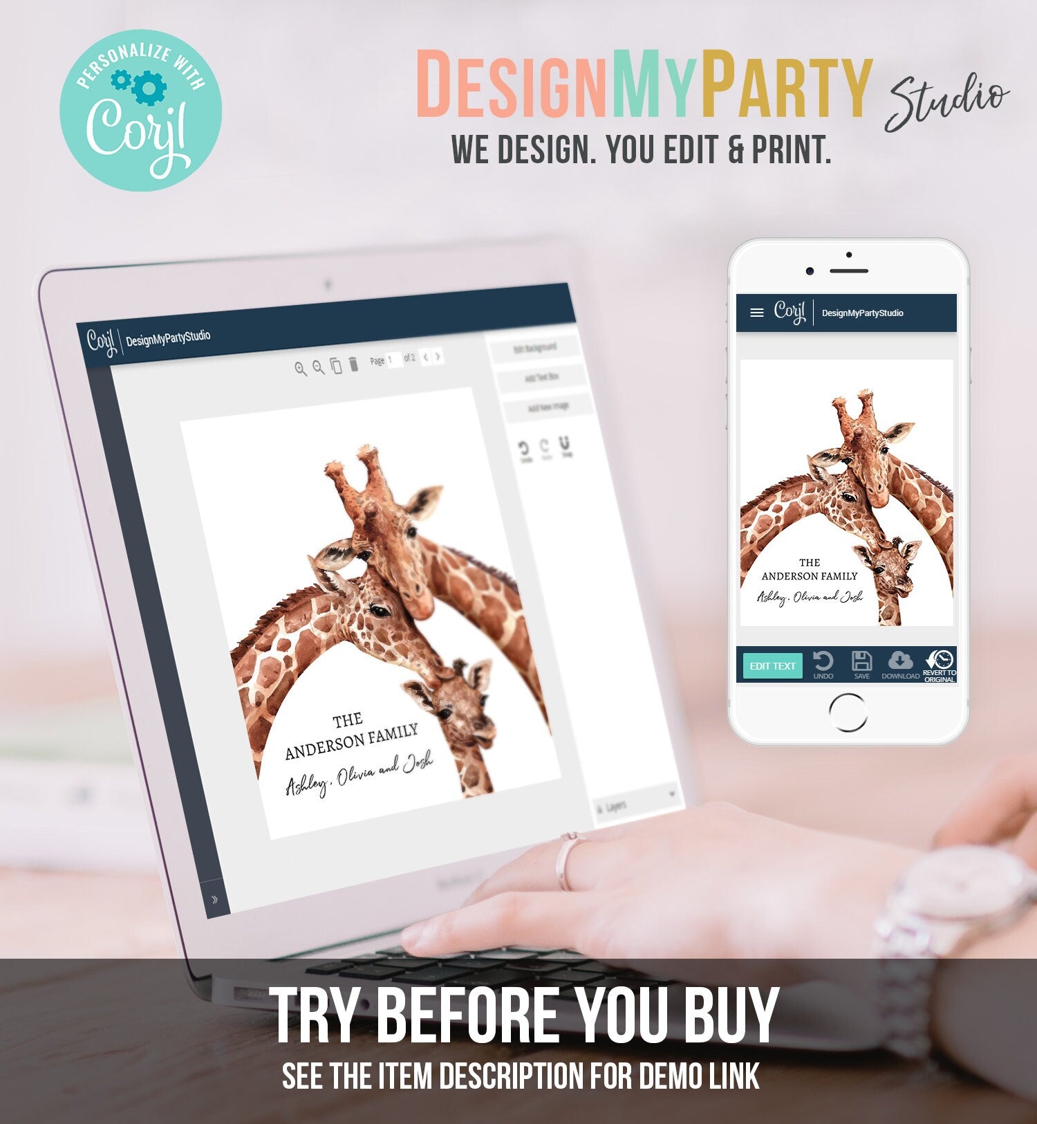 Editable Giraffe Family Nursery Print Personalized Bew Born Gift Giraffe Print Wall Decor Safari Download Digital Printable Corjl Template