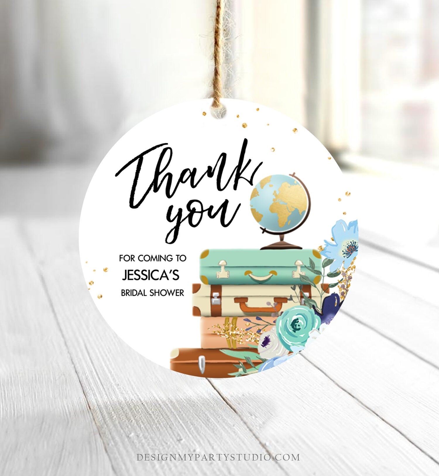 Editable Travel Favor Tag Thank You Gift Tag Adventure Bridal Shower Blue Floral Gold Round Square Stickers Digital Template Printable 0030