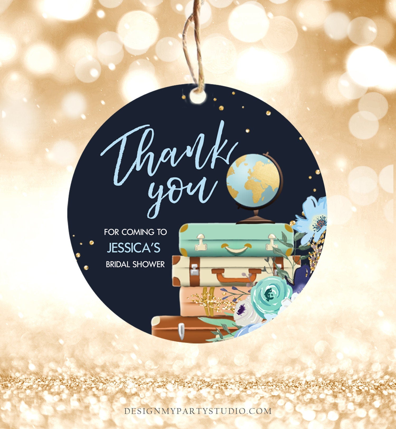 Editable Travel Adventure Favor Tag Thank You Gift Tag Bridal Shower Blue Floral Round Square Stickers Corjl Template Printable 0030
