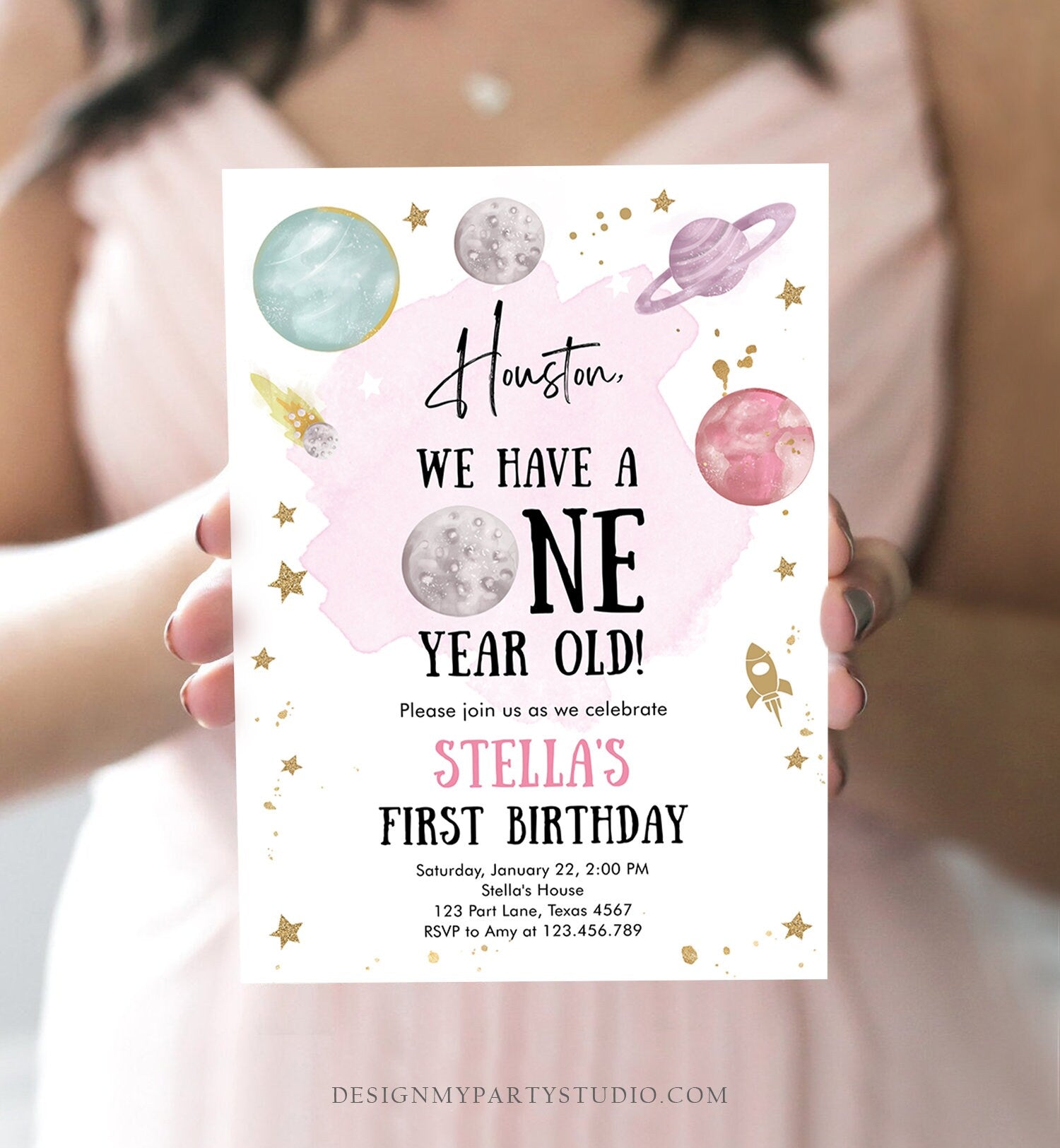 Editable Outer Space First Birthday Invitation Galaxy Houston First Trip Around the Sun One Digital Download Evite Template Printable 0357