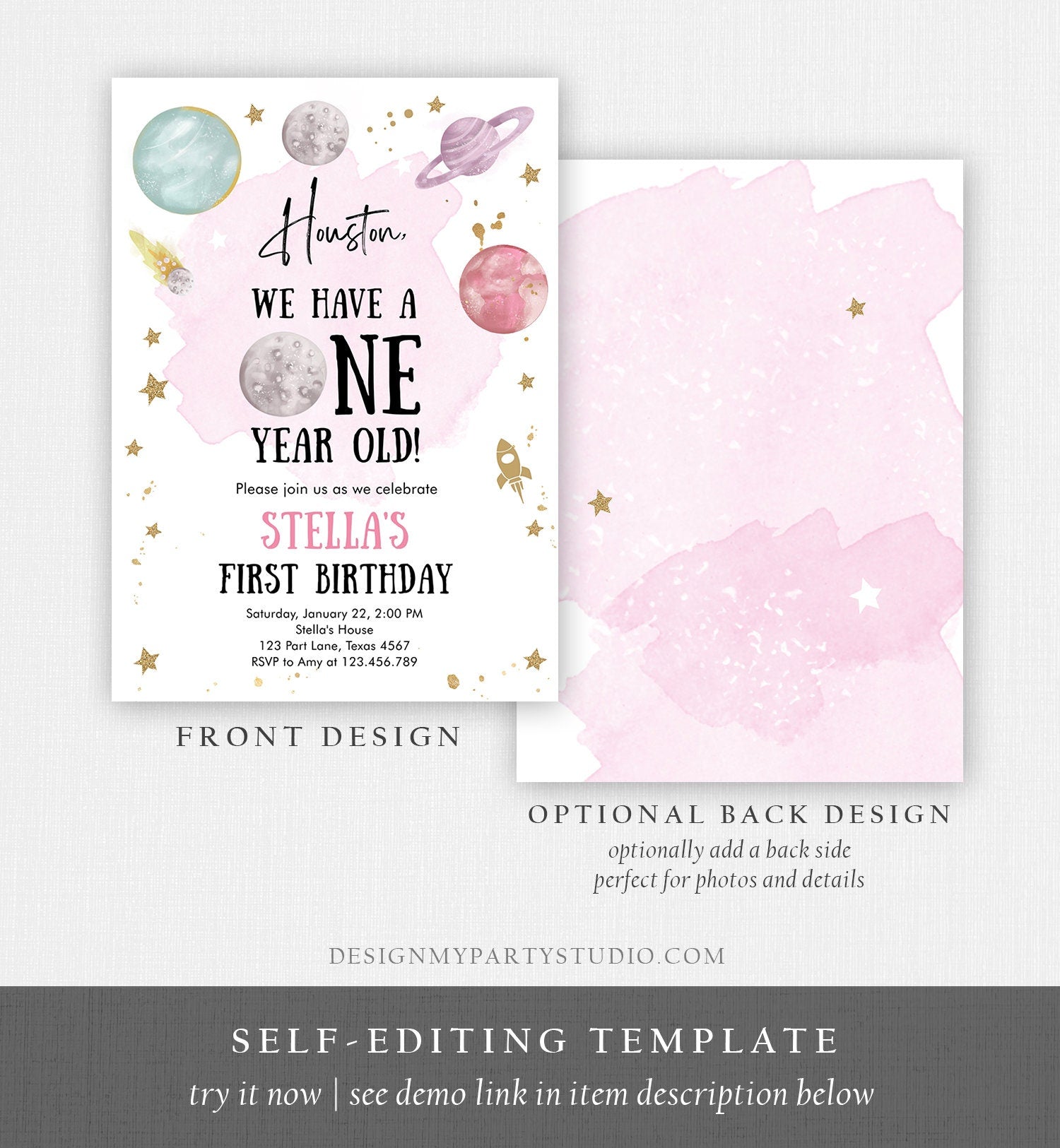 Editable Outer Space First Birthday Invitation Galaxy Houston First Trip Around the Sun One Digital Download Evite Template Printable 0357