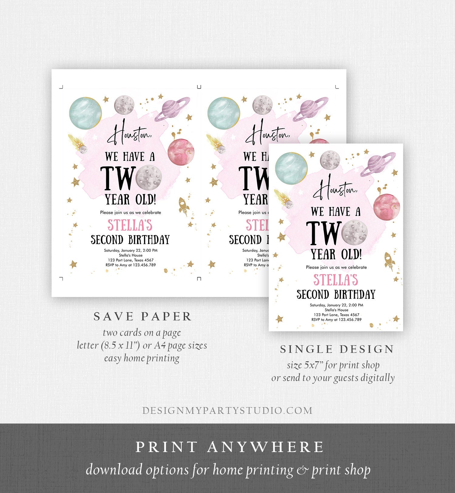 Editable Outer Space Second Birthday Invitation Galaxy Houston Two Year Old 2nd Birthday Girl Download Printable Template Digital Corjl 0357