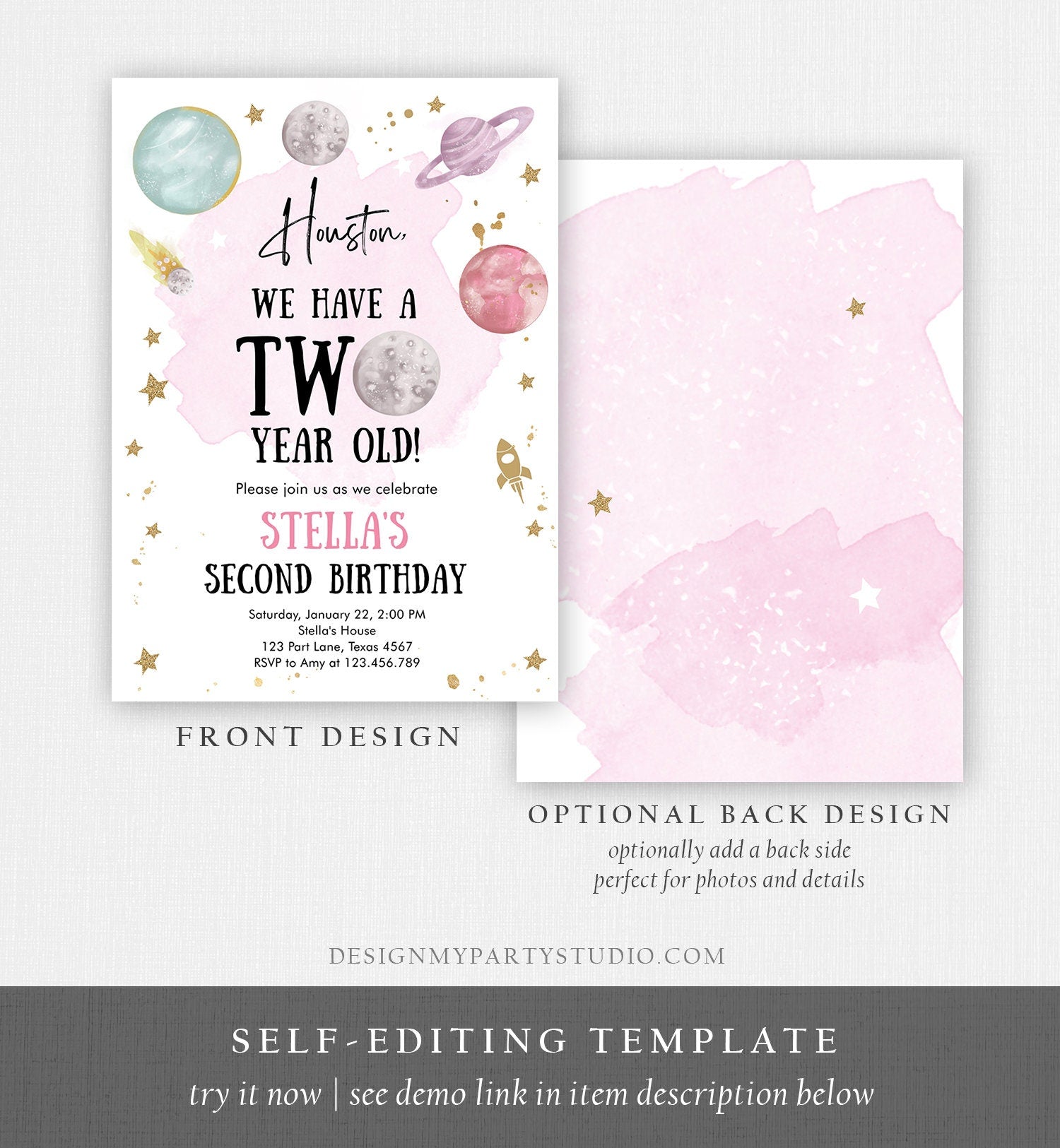 Editable Outer Space Second Birthday Invitation Galaxy Houston Two Year Old 2nd Birthday Girl Download Printable Template Digital Corjl 0357