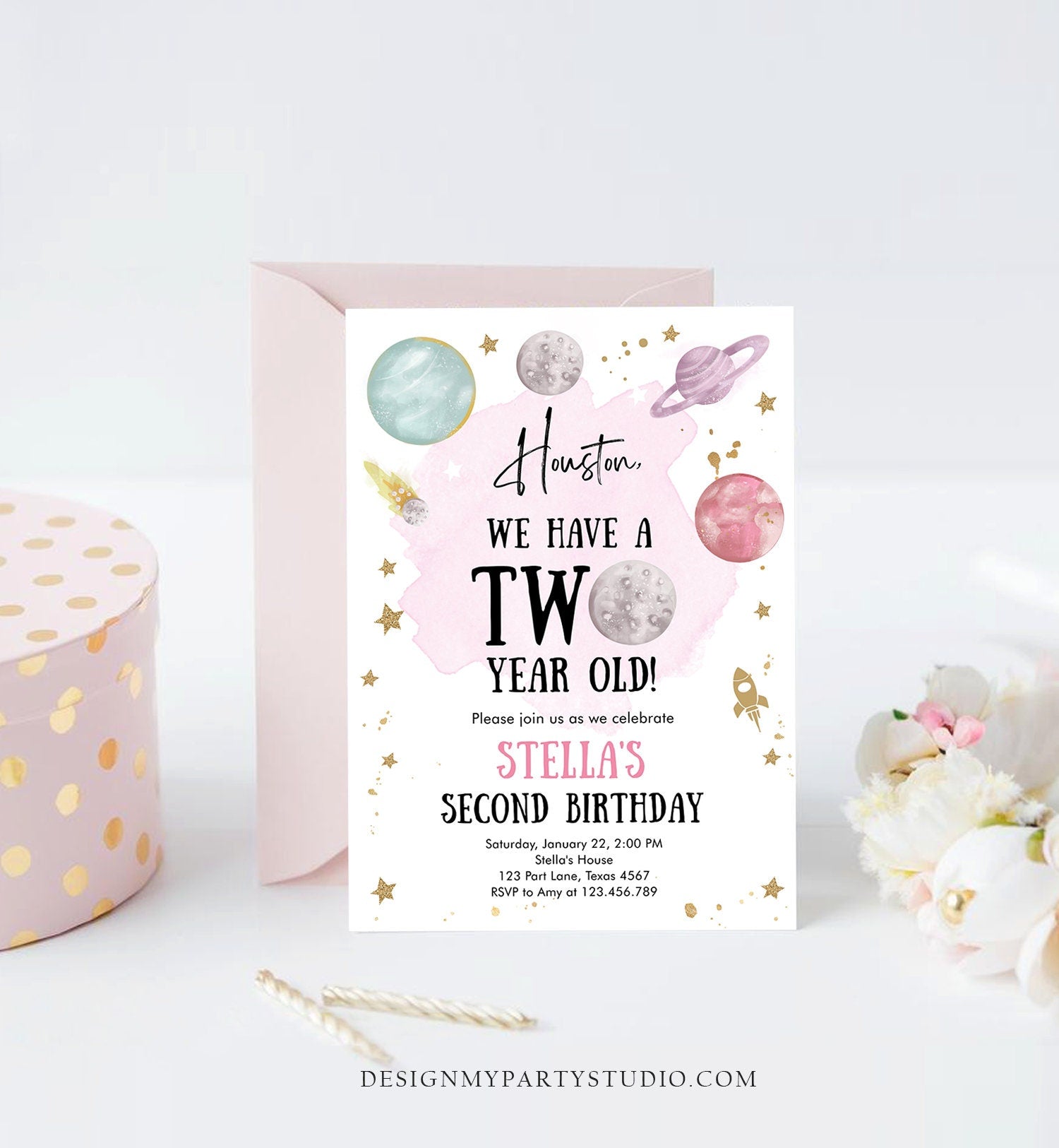 Editable Outer Space Second Birthday Invitation Galaxy Houston Two Year Old 2nd Birthday Girl Download Printable Template Digital Corjl 0357