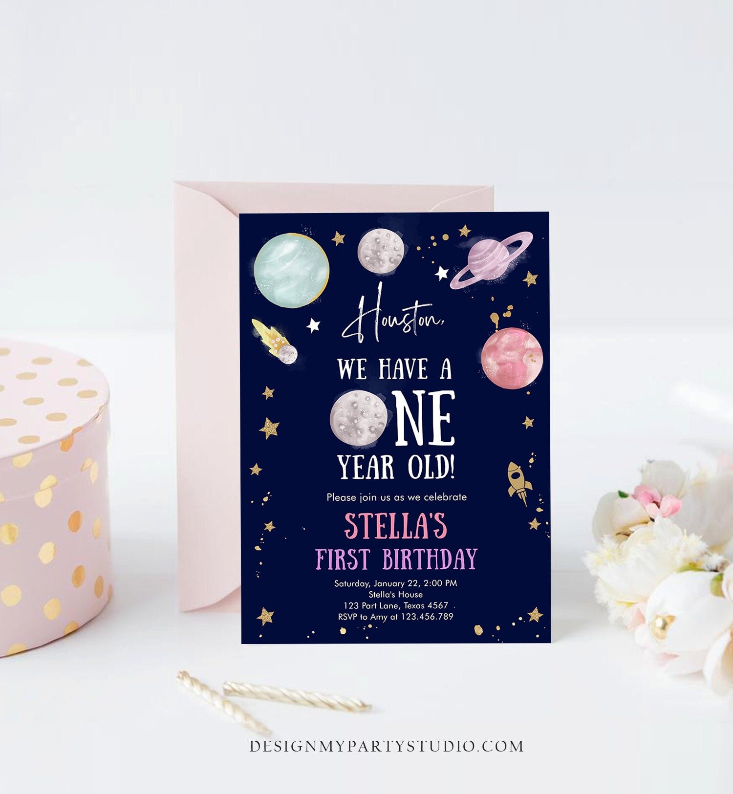 Editable Outer Space First Birthday Invitation Galaxy Houston First Trip Around the Sun One Digital Download Evite Template Printable 0357