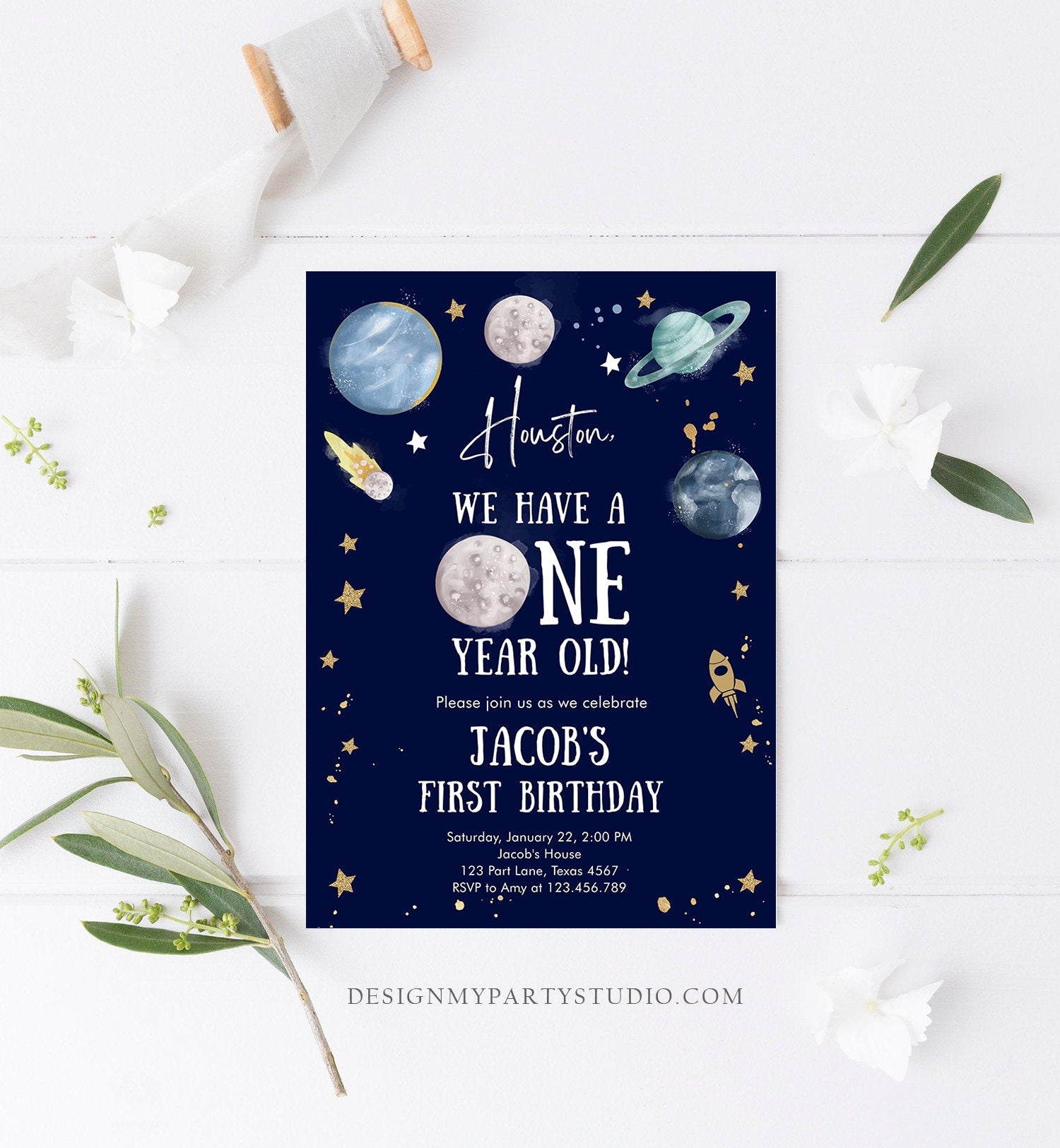 Editable Outer Space First Birthday Invitation Galaxy Houston First Trip Around the Sun One Digital Evite Template Printable 0357