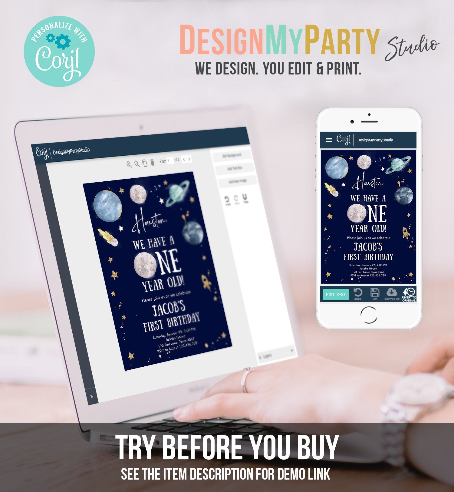 Editable Outer Space First Birthday Invitation Galaxy Houston First Trip Around the Sun One Digital Evite Template Printable 0357