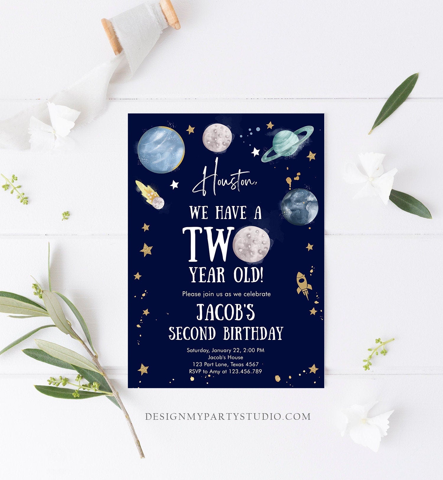 Editable Outer Space 2nd Birthday Invitation Galaxy Houston Two Year Old Second Birthday Boy Download Printable Template Digital Corjl 0357