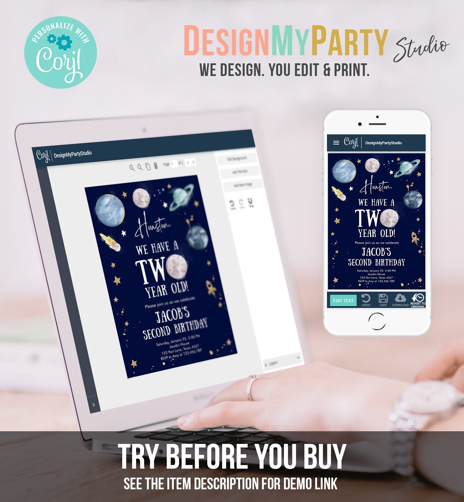 Editable Outer Space 2nd Birthday Invitation Galaxy Houston Two Year Old Second Birthday Boy Download Printable Template Digital Corjl 0357