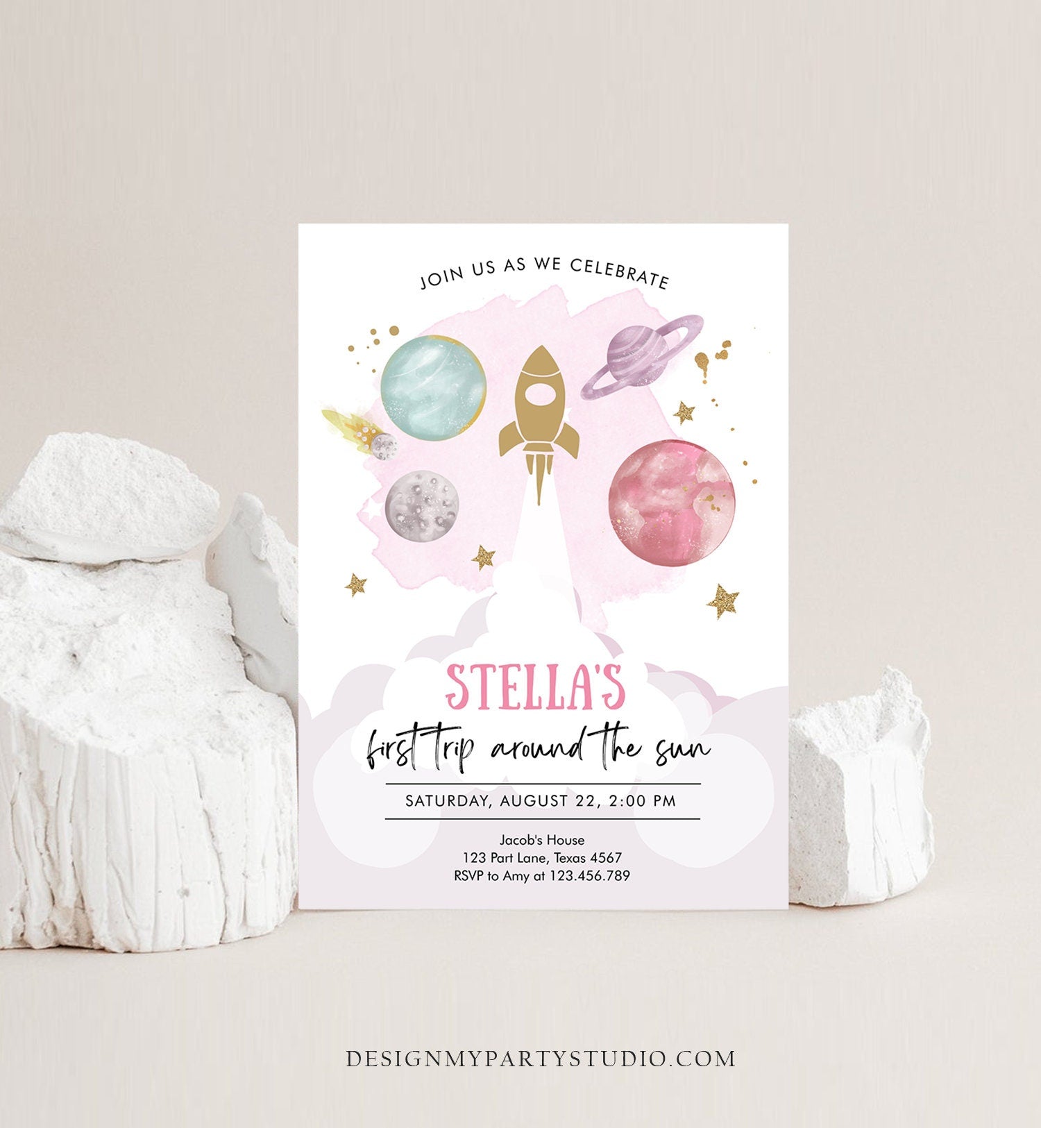 Editable Outer Space Girl First Birthday Invitation Galaxy Blast Off First Trip Around the Sun Pink Digital Evite Template Printable 0357