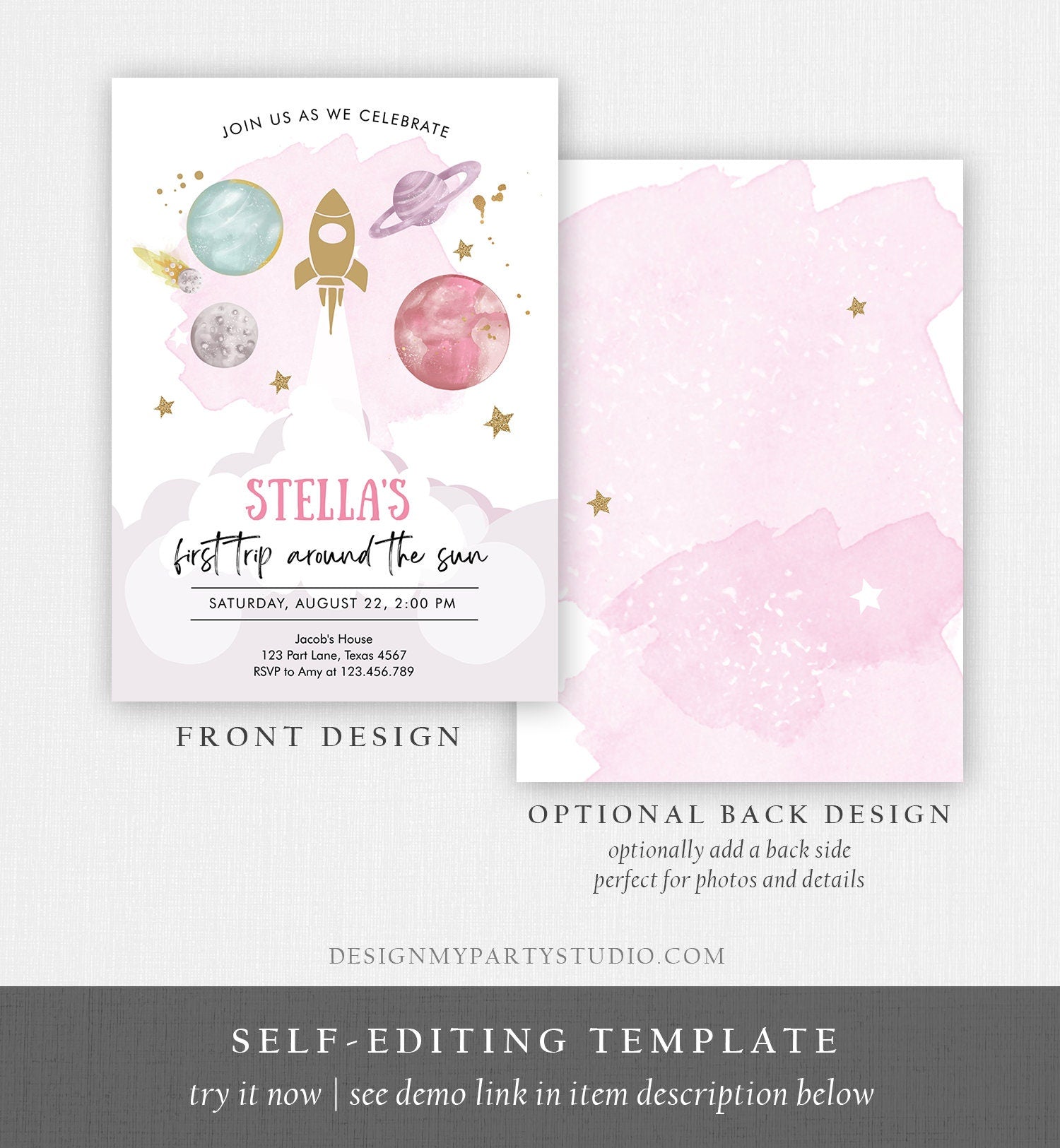 Editable Outer Space Girl First Birthday Invitation Galaxy Blast Off First Trip Around the Sun Pink Digital Evite Template Printable 0357