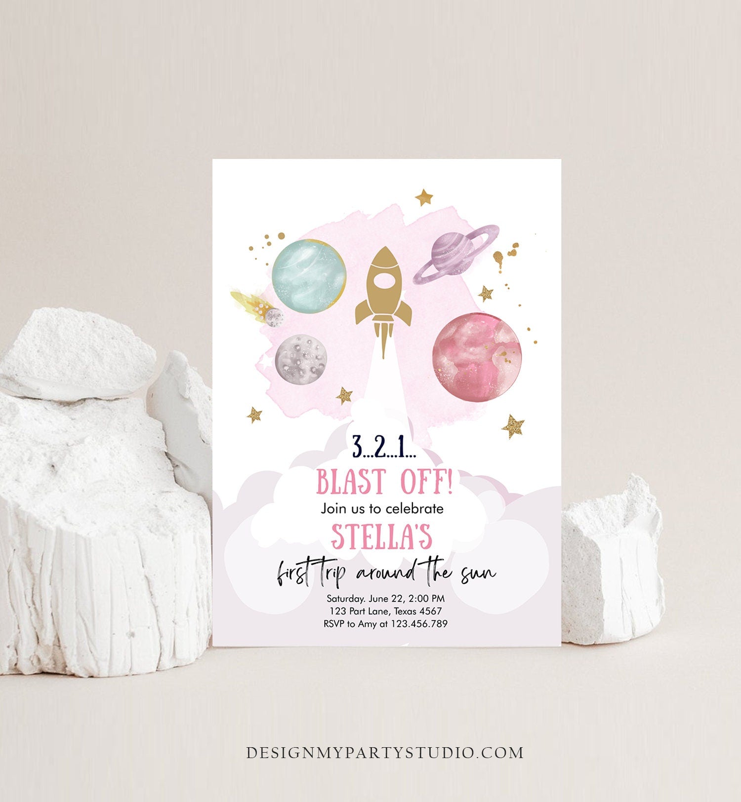 Editable Outer Space Girl First Birthday Invitation Galaxy Blast Off First Trip Space Rocket Pink Digital Download Template Printable 0357