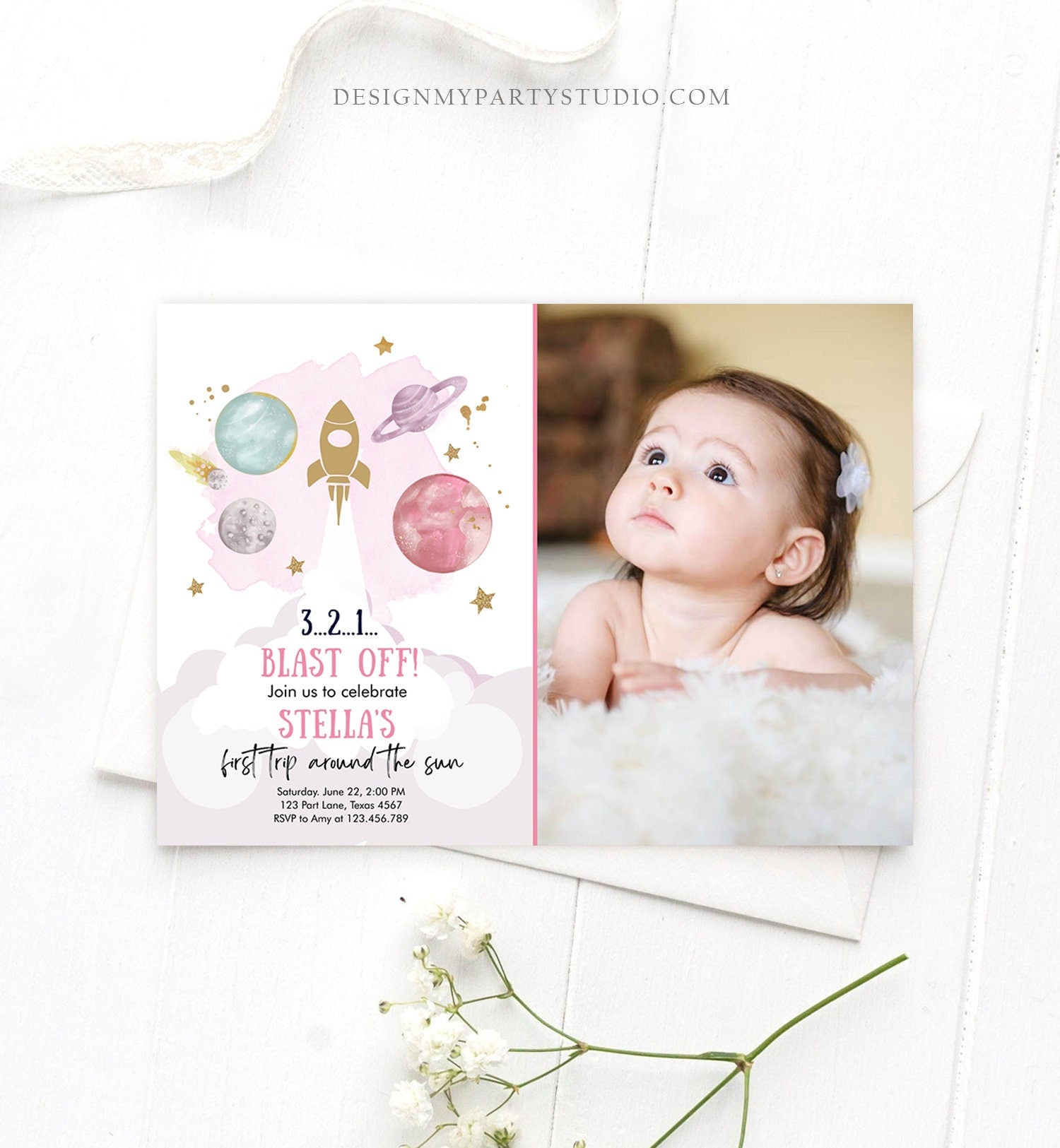Editable Outer Space Girl First Birthday Invitation Galaxy Blast Off First Trip Space Rocket Pink Download Evite Template Printable 0357