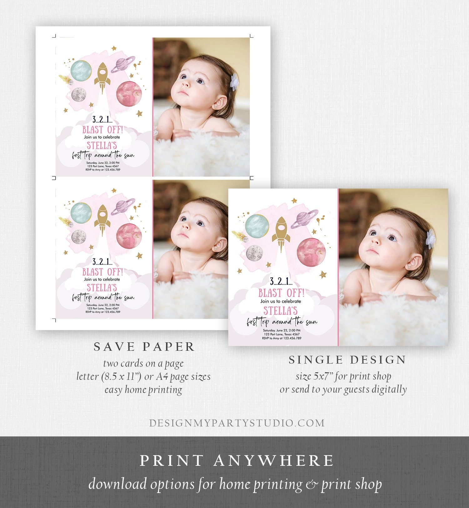 Editable Outer Space Girl First Birthday Invitation Galaxy Blast Off First Trip Space Rocket Pink Download Evite Template Printable 0357