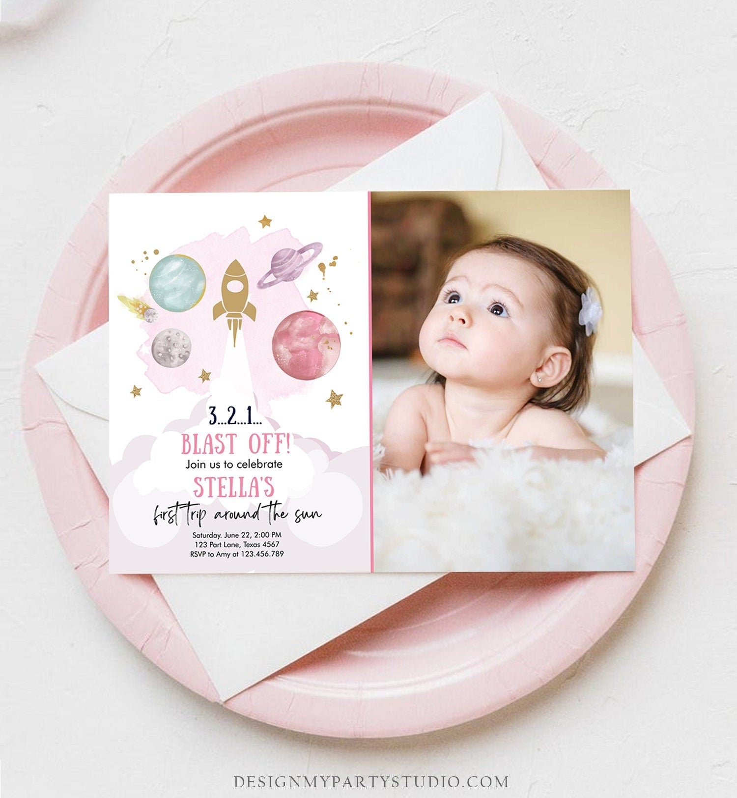 Editable Outer Space Girl First Birthday Invitation Galaxy Blast Off First Trip Space Rocket Pink Download Evite Template Printable 0357