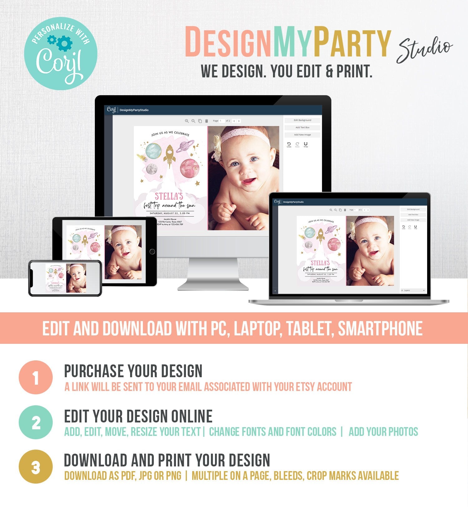 Editable First Trip Around the Sun Birthday Invitation Outer Space Girl Galaxy Blast Off Pink Digital Download Evite Template Printable 0357