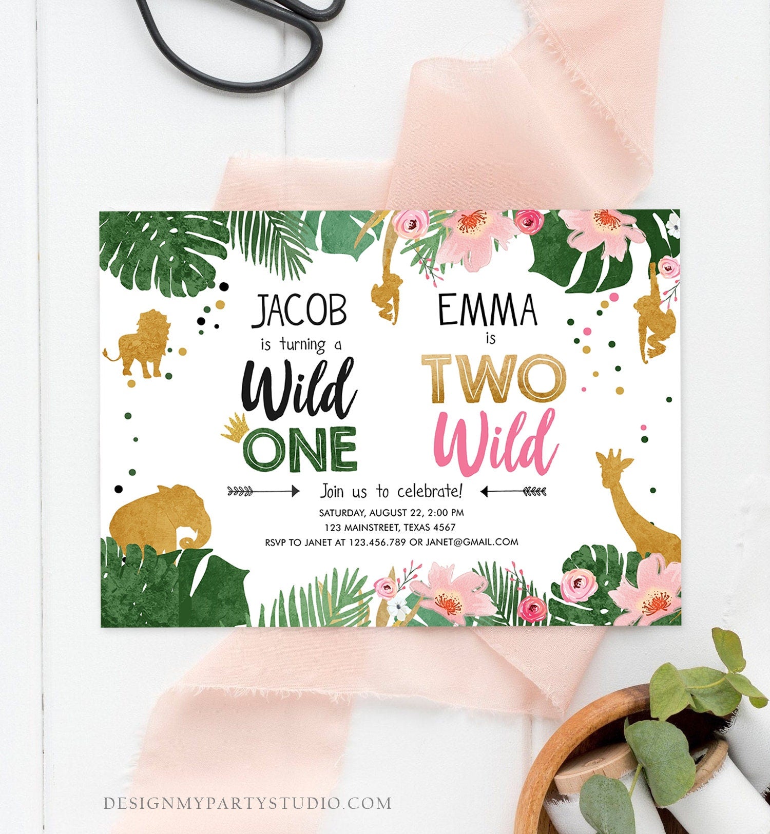 Editable Wild One Two Wild Birthday Invitation Safari Animals Boy Girl First Second Birthday Gold Joint Dual Digital Template Printable 0016