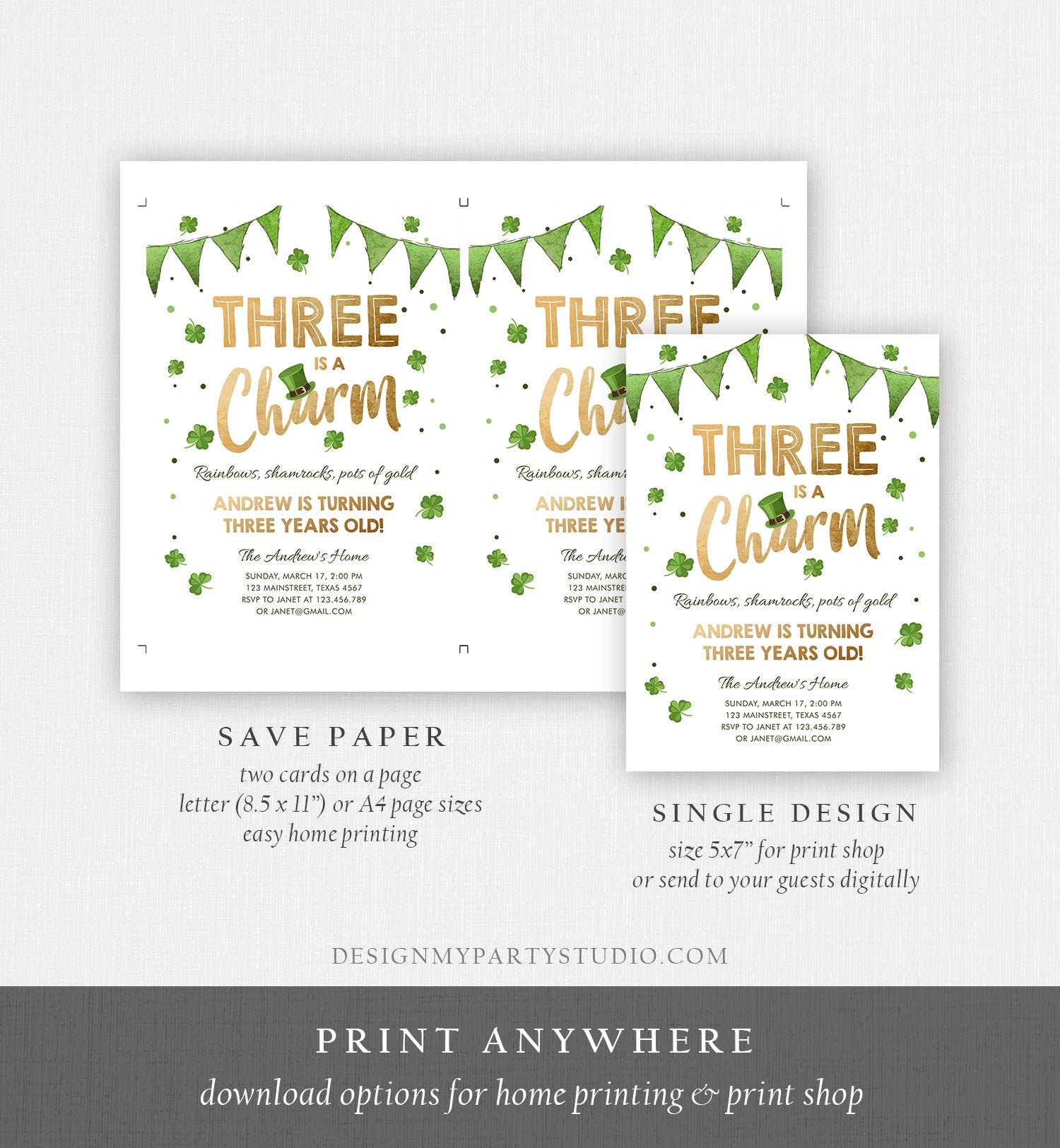 Editable St. Patrick's Day Birthday Invitation Three is a Charm Shamrock Clover St Patricks Day Third Birthday 3rd Boy Corjl Printable 0115