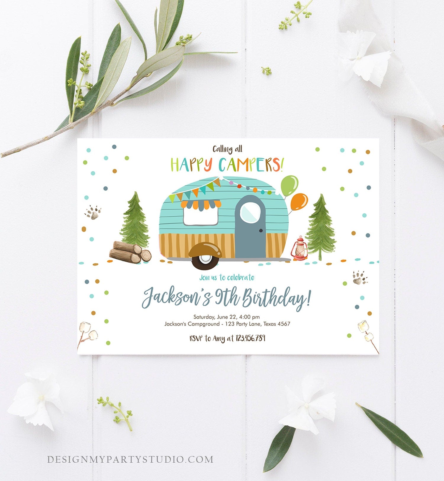 Editable Happy Camper Birthday Invitation Boy Birthday Camping Party S'more Forest Glamping Download Printable Template Digital Corjl 0342