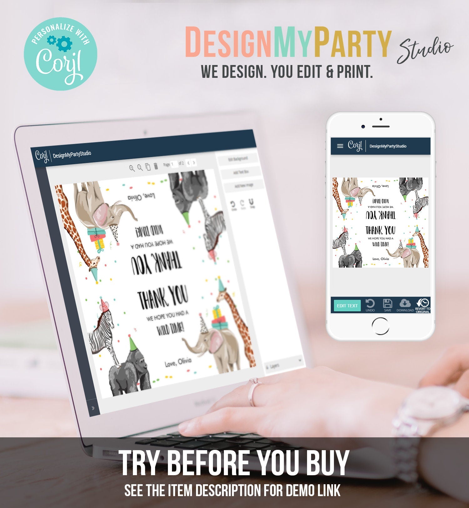 Editable Party Animals Treat Bag Toppers Safari Animals Birthday Thank You Wild One Favor Bag Zoo Wild Time Corjl Template Printable 0142