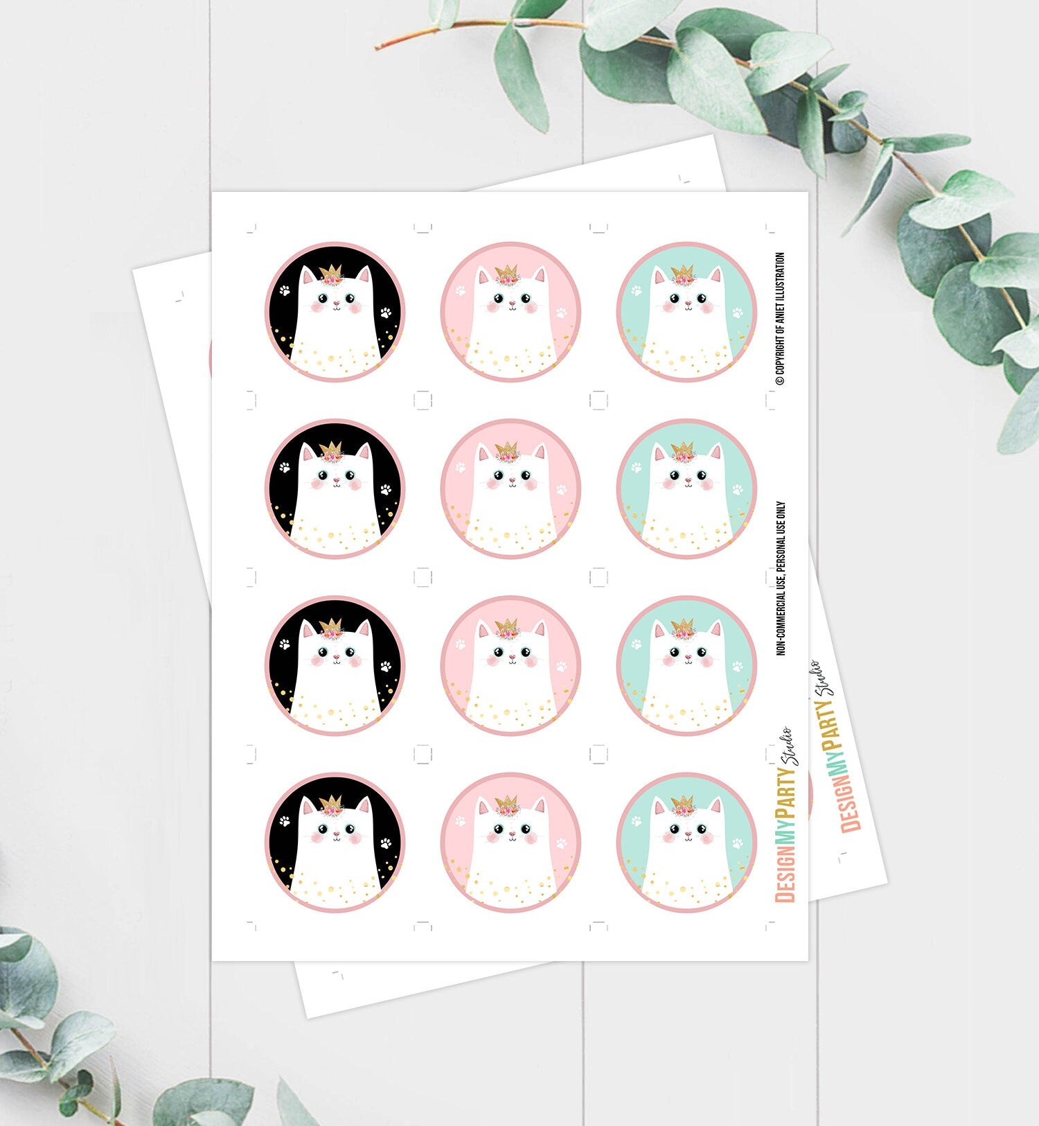 Kitten Birthday Cupcake Toppers Kitty Cat Birthday Favor Tags Girl Pink Favors Stickers Kitten Party Cute Digital Download Printable 0381