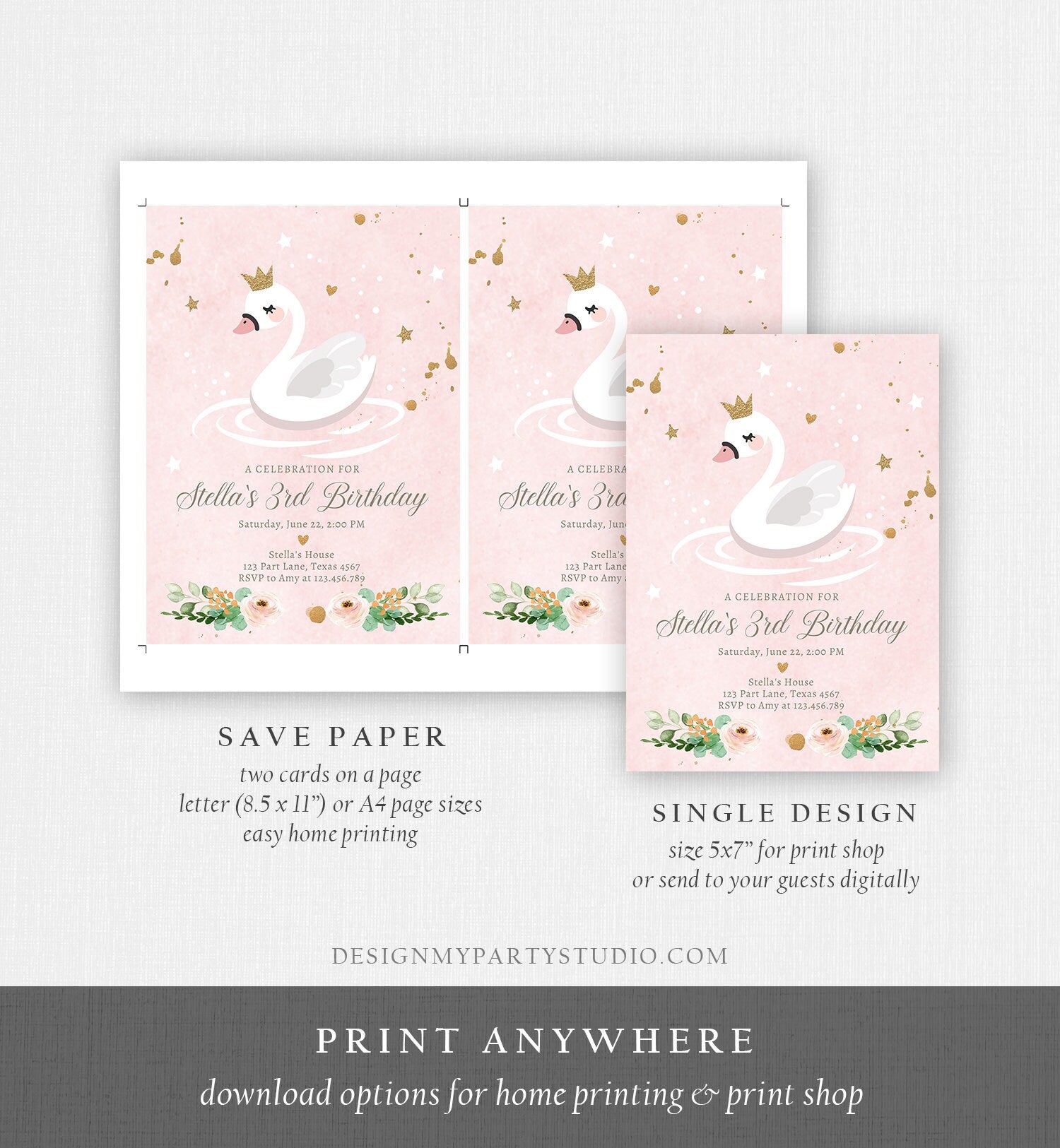 Editable Swan Birthday Invitation Girl Swan Princess Birthday Invite Pink Gold 1st 2nd 3rd Download Printable Template Digital Evite 0382