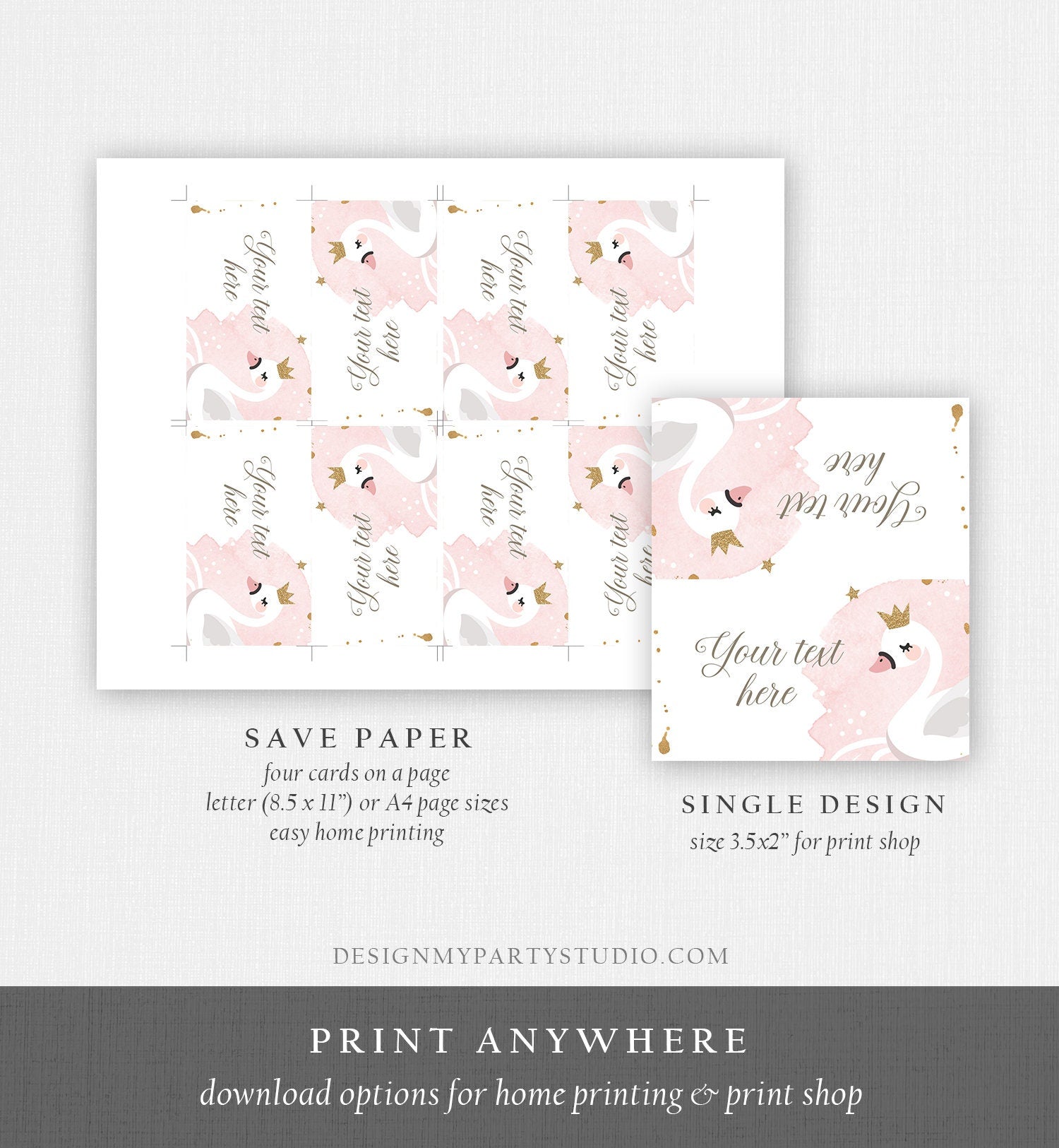 Editable Swan Food Label Birthday Princess Swan Place Card Tent Insert Card Swan Baby Shower Digital Download Template Printable 0382