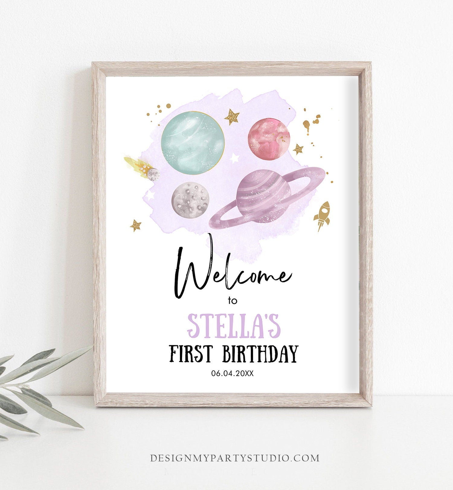 Editable Outer Space Birthday Welcome Sign 1st Birthday Girl Purple Galaxy Planets Around the Sun Astronaut Template PRINTABLE Corjl 0357