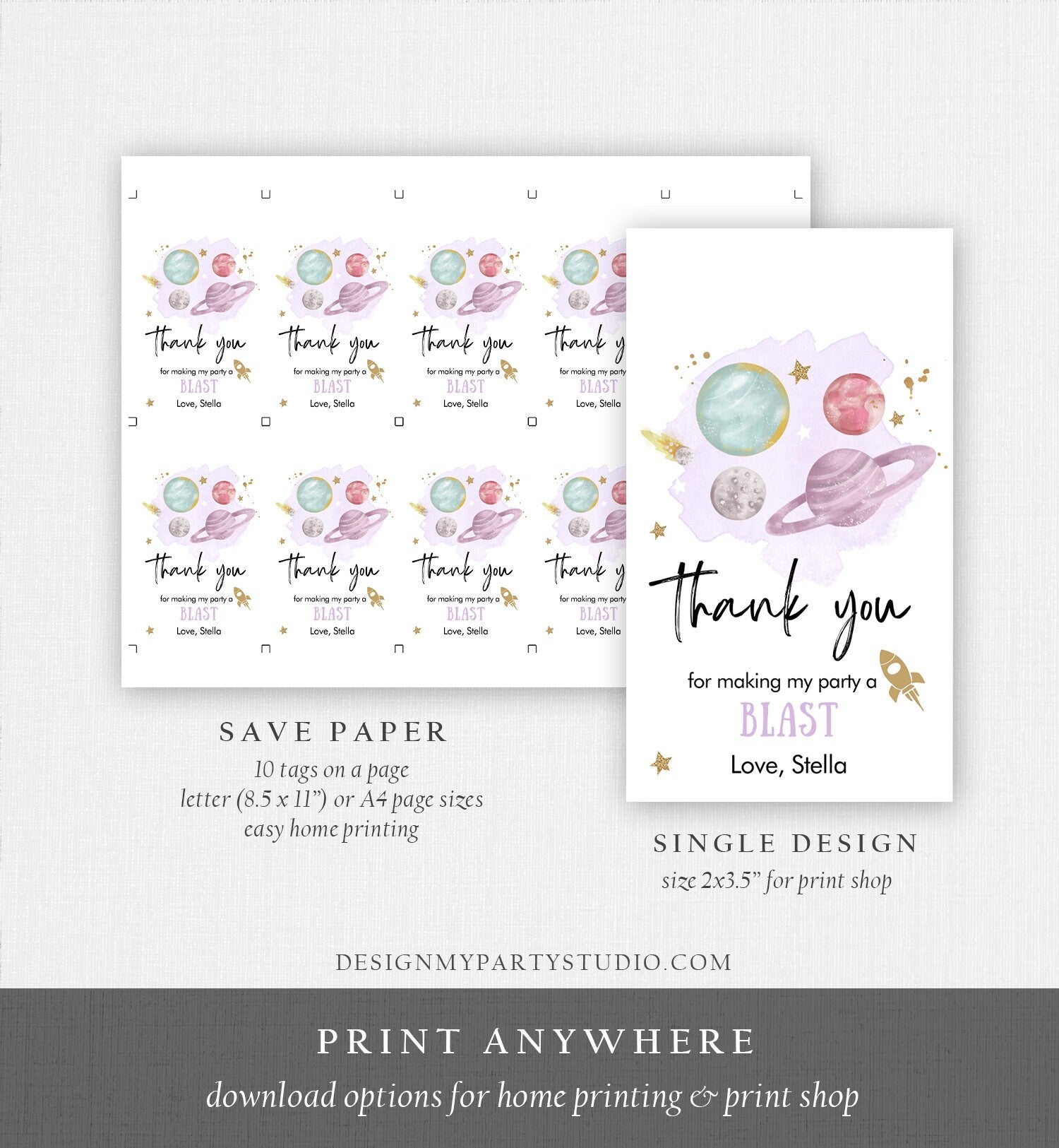 Editable Outer Space Favor Tag Space Birthday Thank You Label Galaxy Gift Trip Around the Sun Planets Purple Digital Template Printable 0357