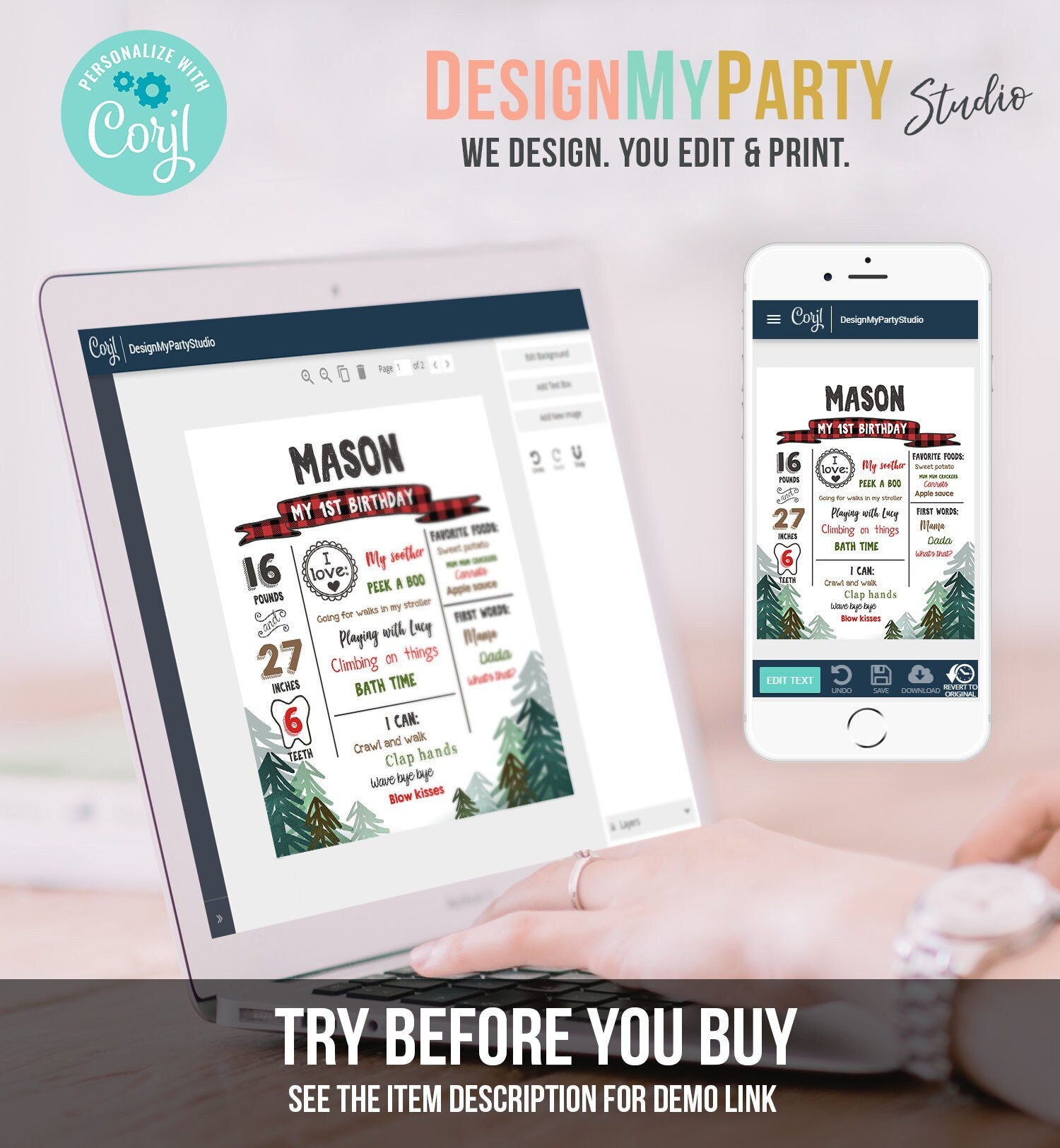 Editable Lumberjack Birthday Milestones Sign Pine Tree Stat Poster Infographic Woodland 1st Birthday Bear Template Printable Corjl 0377