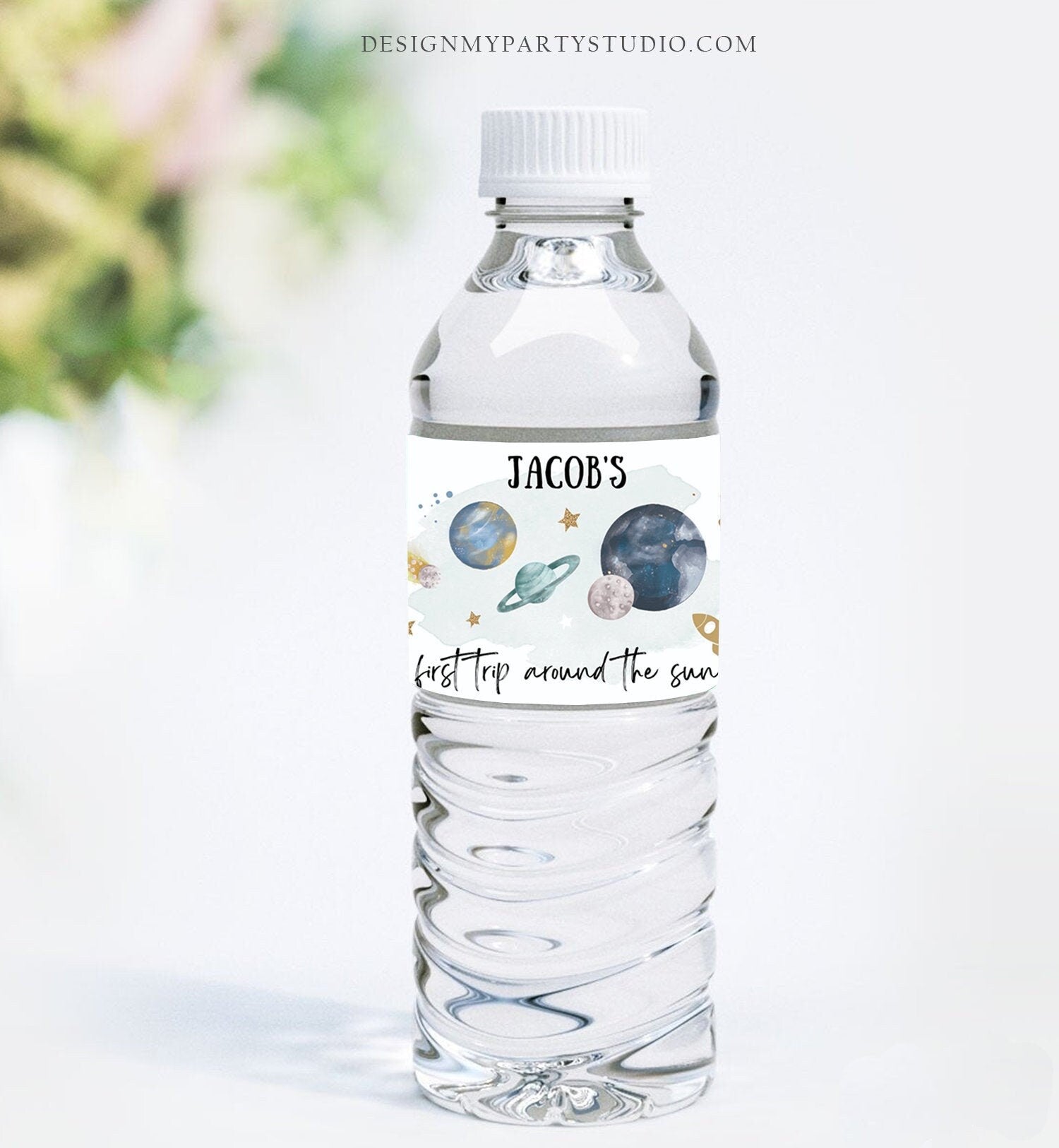 Editable Outer Space Birthday Water Bottle Labels Galaxy Party Decor Astronaut Trip Around the Sun Planets Printable Digital Template 0357